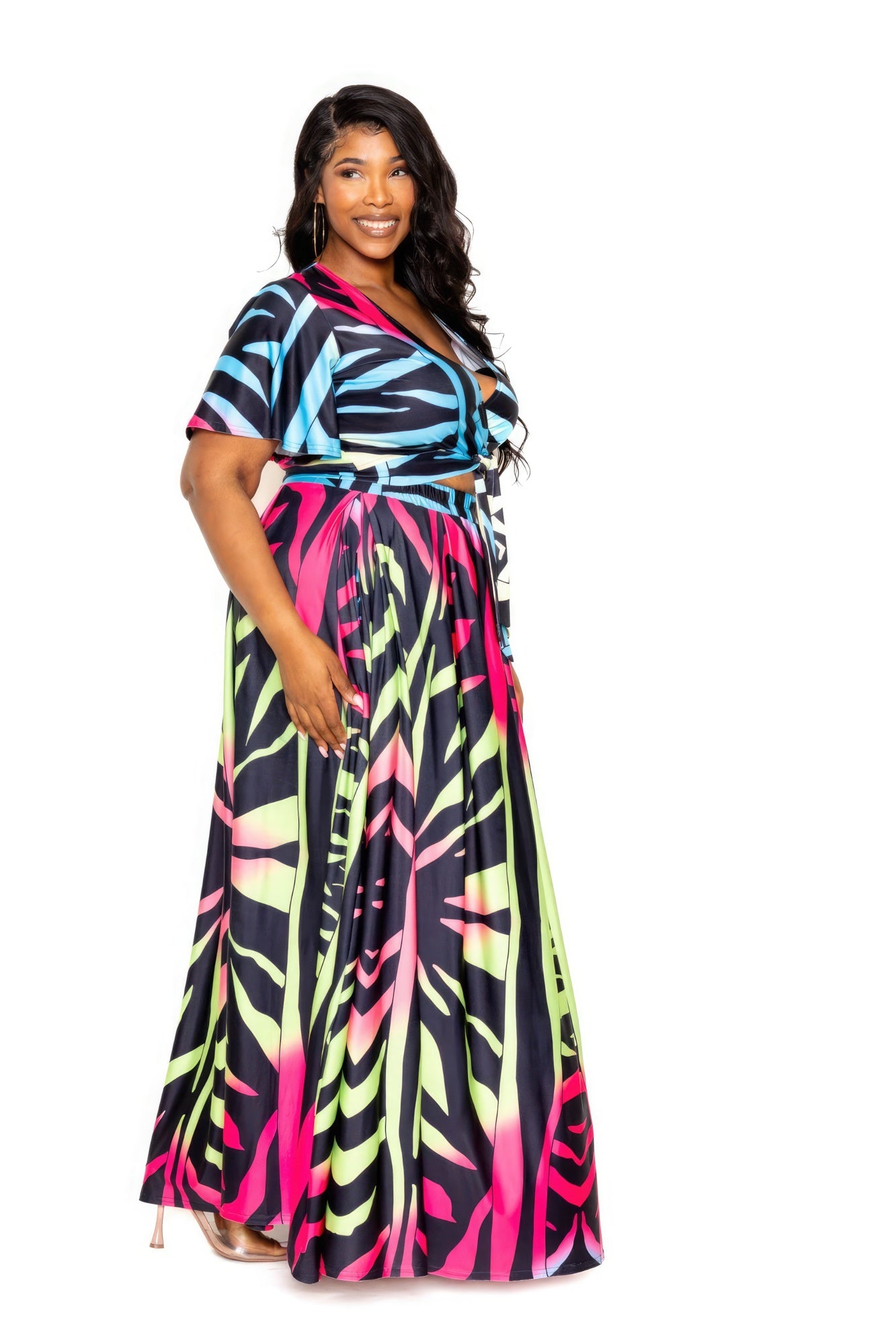 Ombre animal print maxi skirt and matching top set from Toshe Women's Fashions, featuring a flowing silhouette and vibrant pattern.