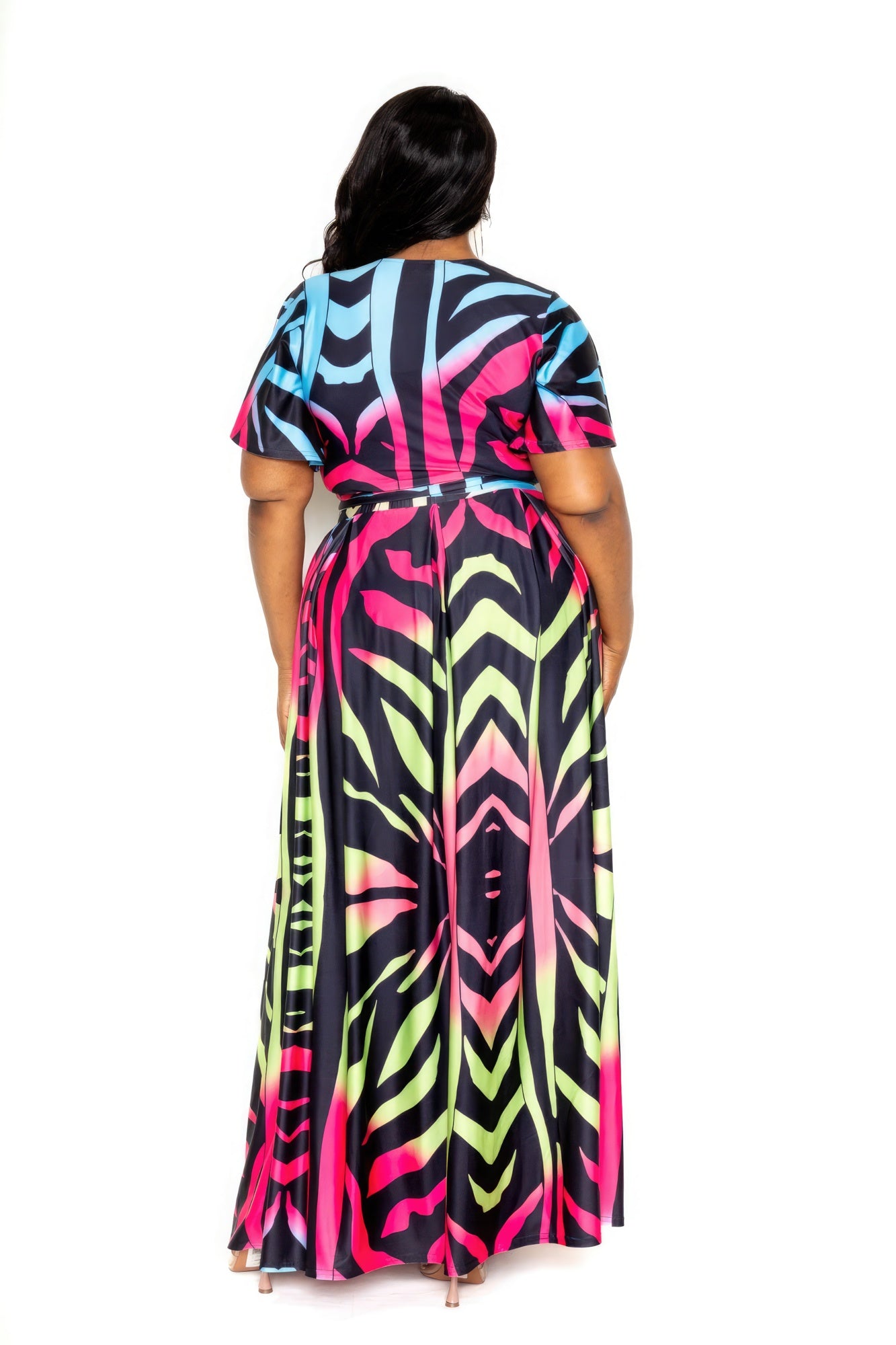 Ombre animal print maxi skirt and matching top set by Toshe Women's Fashions, flowing fabric with vibrant animal pattern.