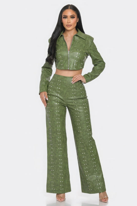 Faux leather crop jacket and pants set with rhinestone details, stylish women's fashion by Toshe Women's Fashions.