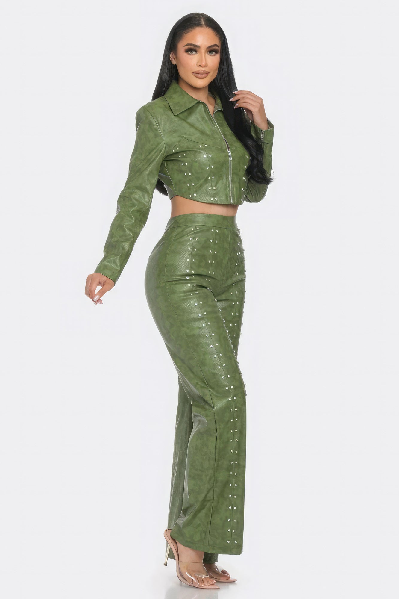 Faux leather crop jacket and pants set with rhinestone details, stylish women's fashion by Toshe Women's Fashions.