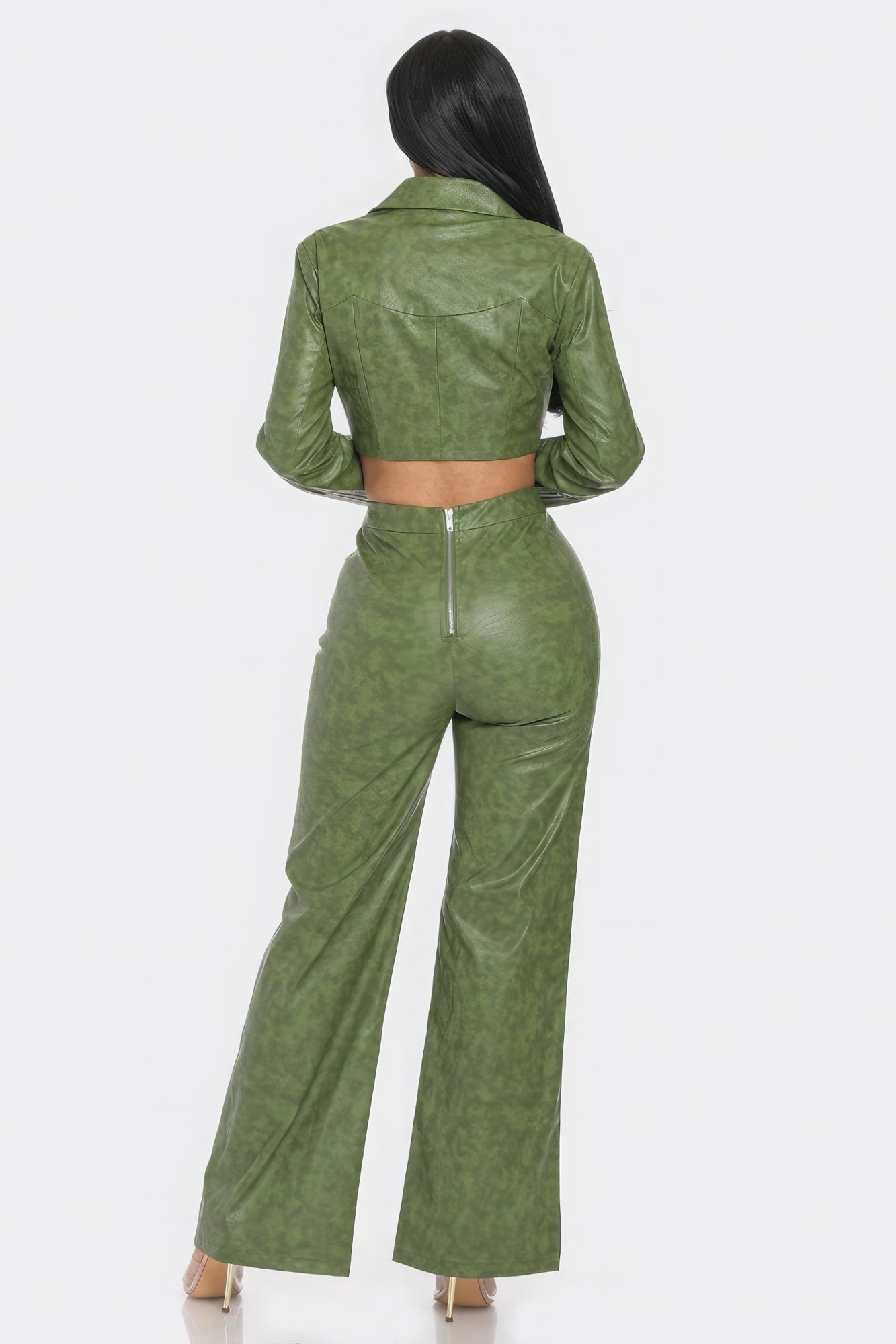 Faux leather crop jacket and pants set with rhinestone details, stylish women's fashion by Toshe Women's Fashions.