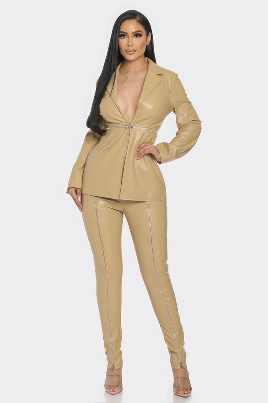 Faux leather zipper pant set by Toshe Women's Fashions featuring sleek black pants with front zipper details and a matching top.