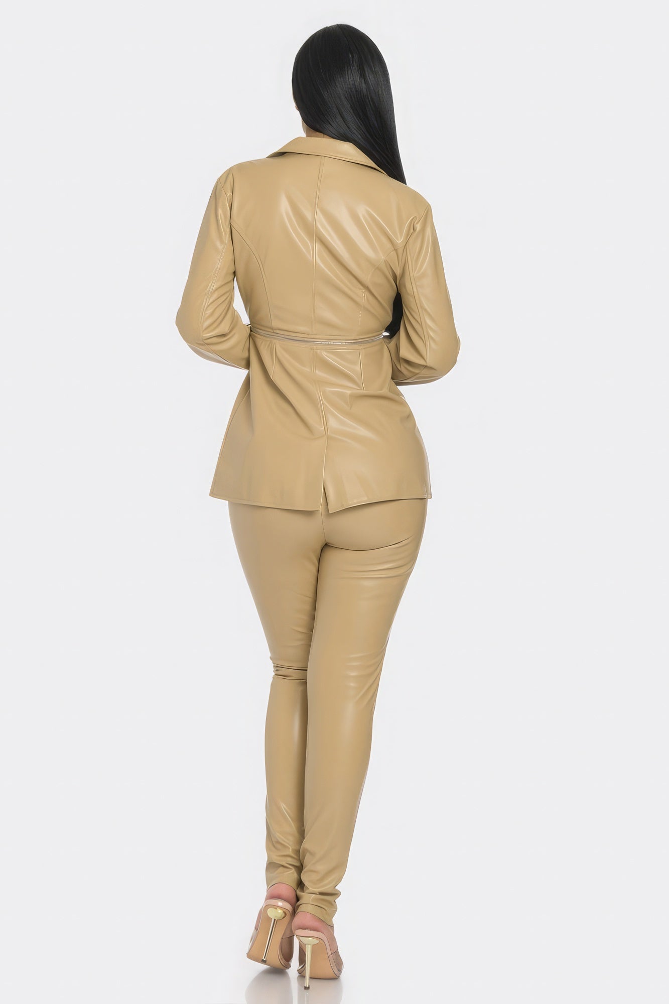 Faux leather zipper pant set for women by Toshe Women's Fashions, featuring a stylish faux leather jacket and matching pants.