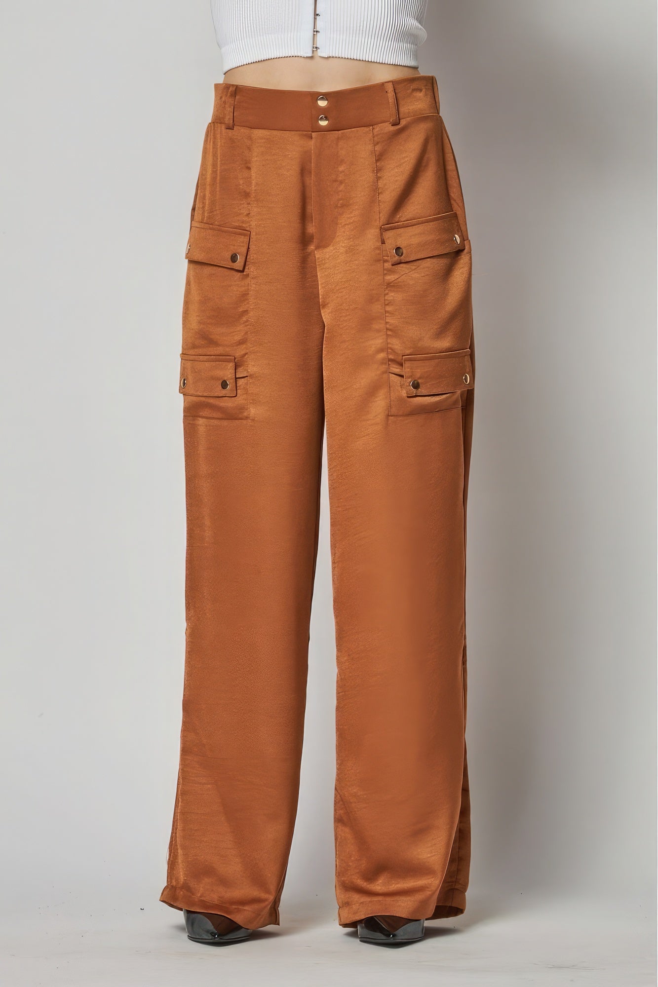 Satin cargo pocket wide-leg pants in a stylish design, featuring large pockets and a relaxed fit, from Toshe Women's Fashions.