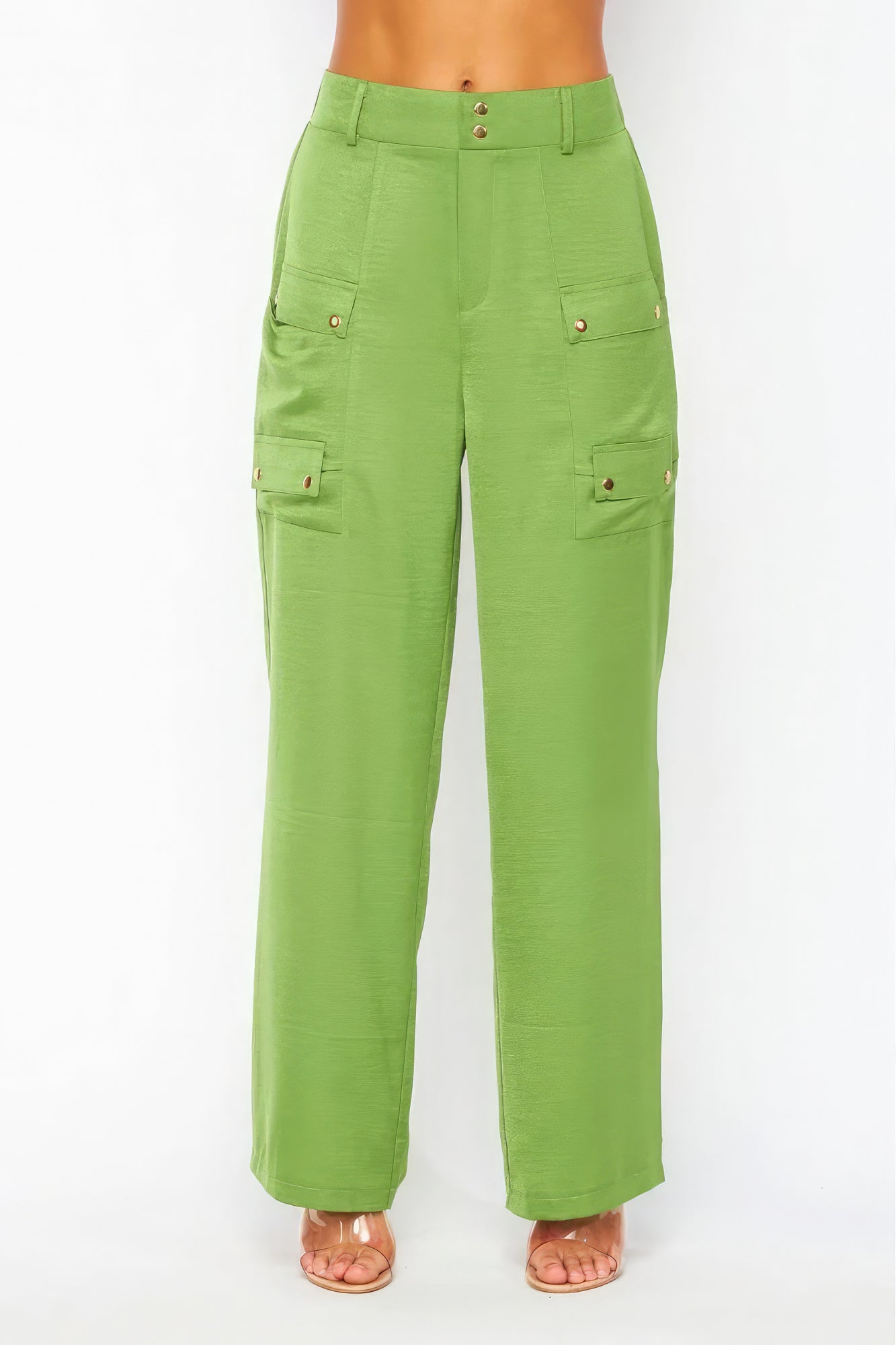 Satin cargo pocket wide-leg pants in a sleek design, featuring spacious cargo pockets, by Toshe Women's Fashions.
