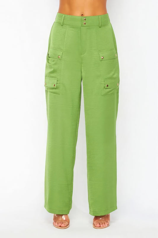 Satin cargo pocket wide-leg pants in a sleek design, featuring spacious cargo pockets, by Toshe Women's Fashions.
