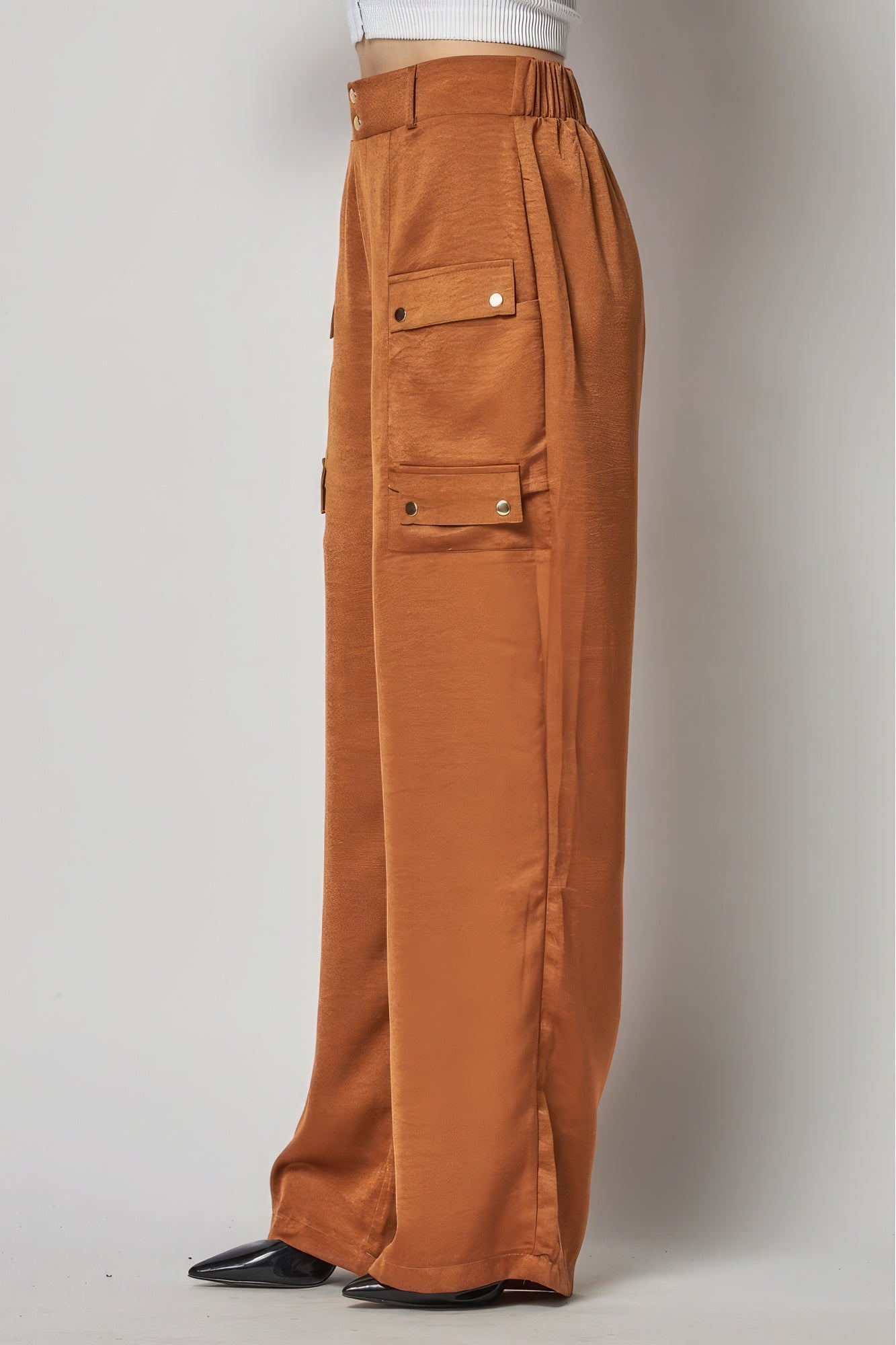 Satin cargo pocket wide-leg pants in a sleek design, featuring large front pockets and a relaxed fit, from Toshe Women's Fashions.