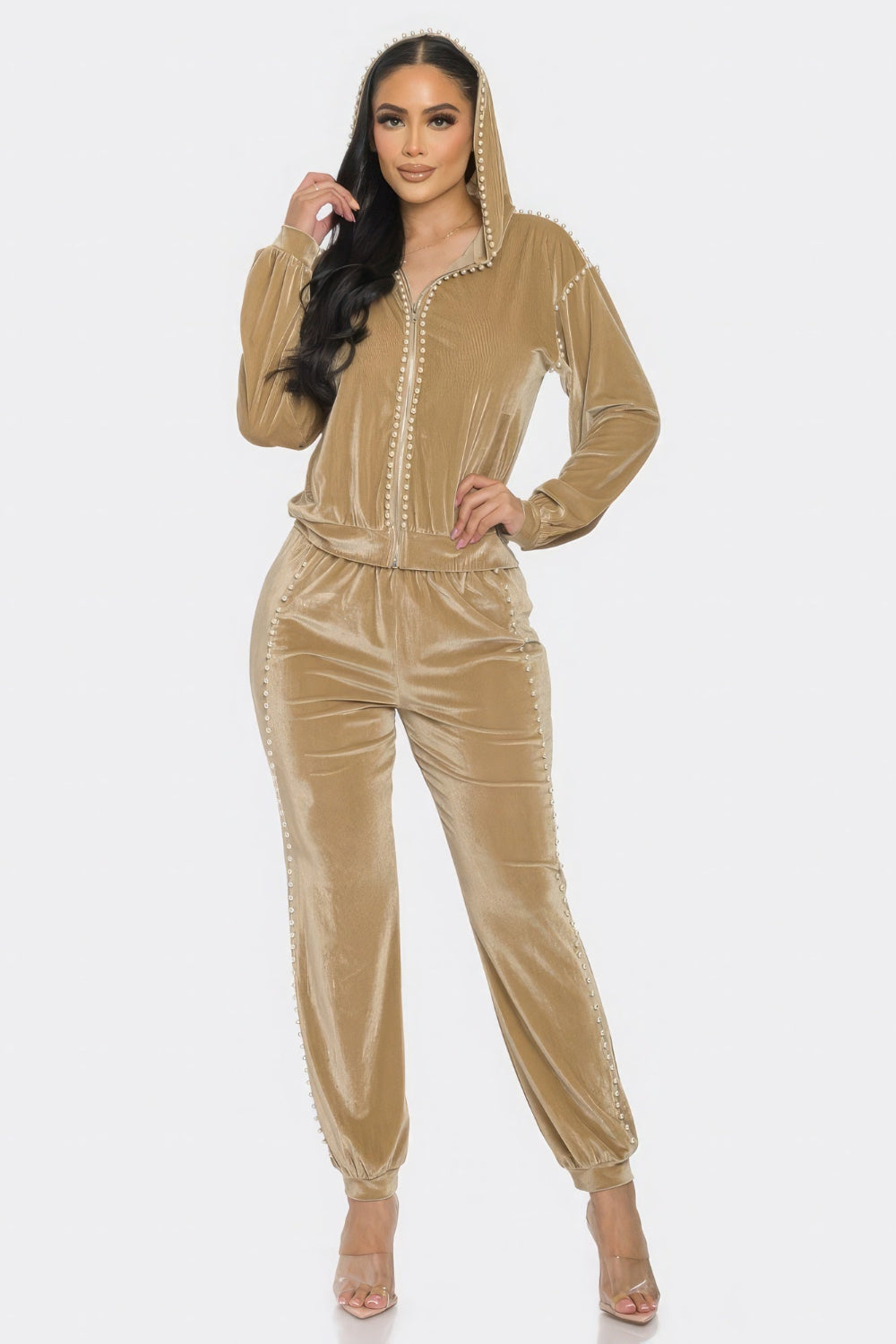 Toshe Women's Fashions pearl-embellished jogger set featuring comfortable joggers with pearl details on a neutral background.