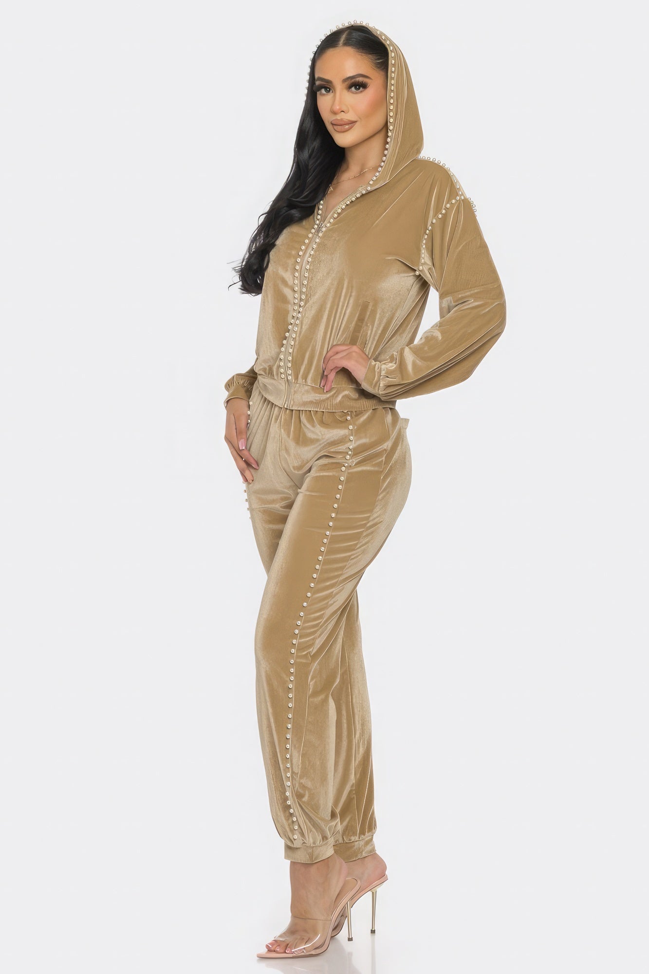 Toshe Women's Fashions pearl-embellished jogger set featuring comfortable joggers with pearl accents and a matching top.