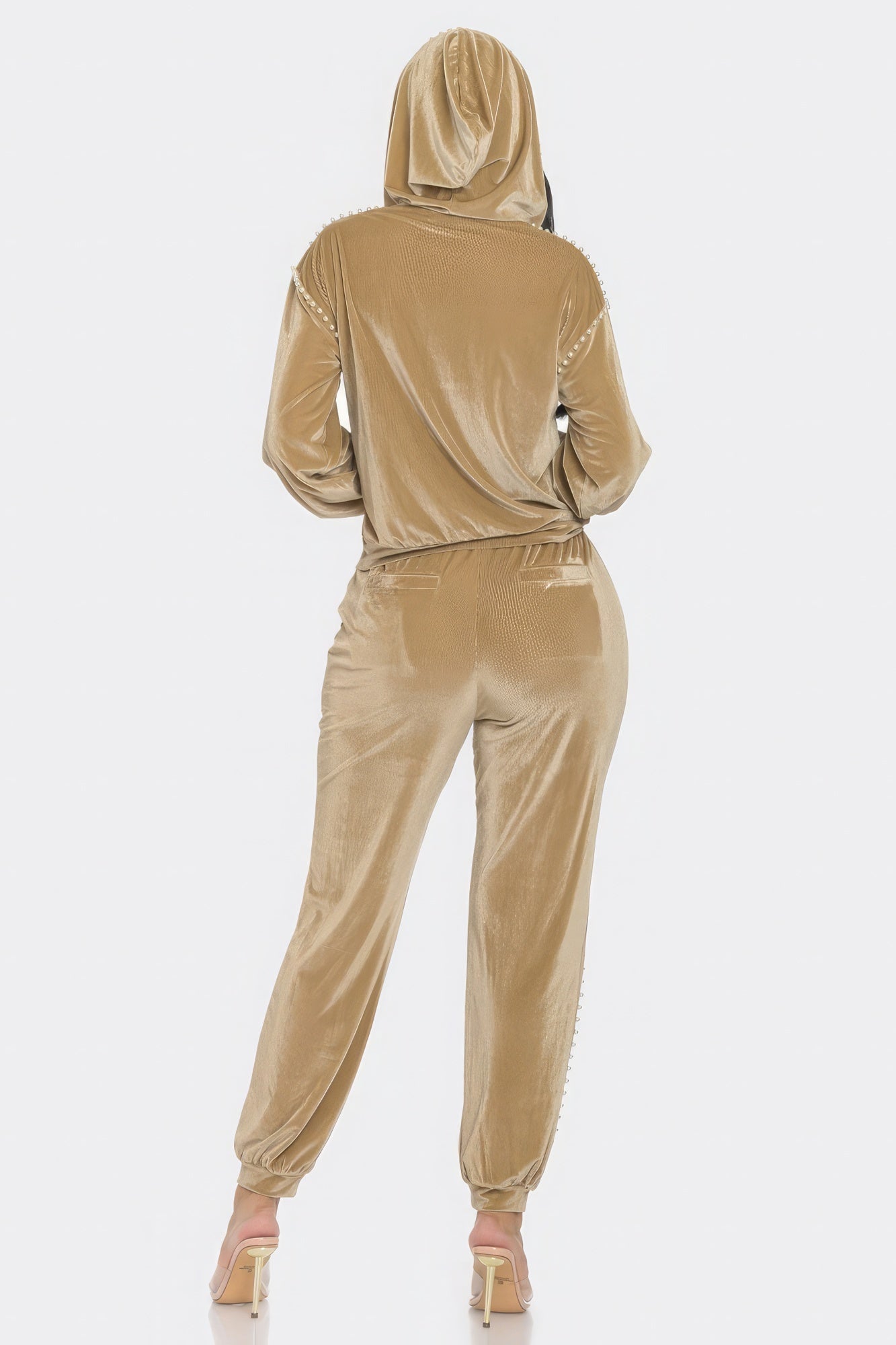 Toshe Women's Fashions pearl-embellished jogger set featuring stylish joggers with pearl accents and a matching top.