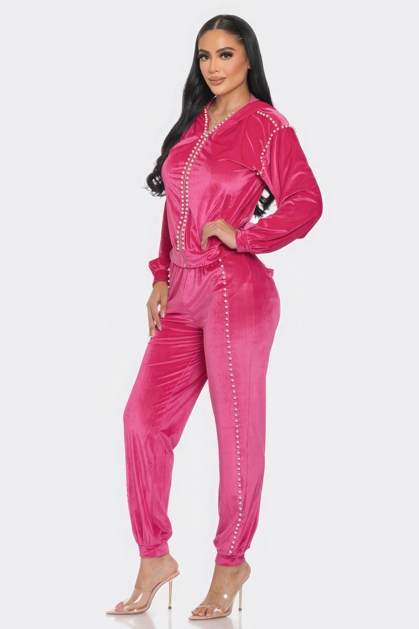 Toshe Women's Fashions jogger set with pearl details, featuring comfortable fabric and stylish design for casual wear.
