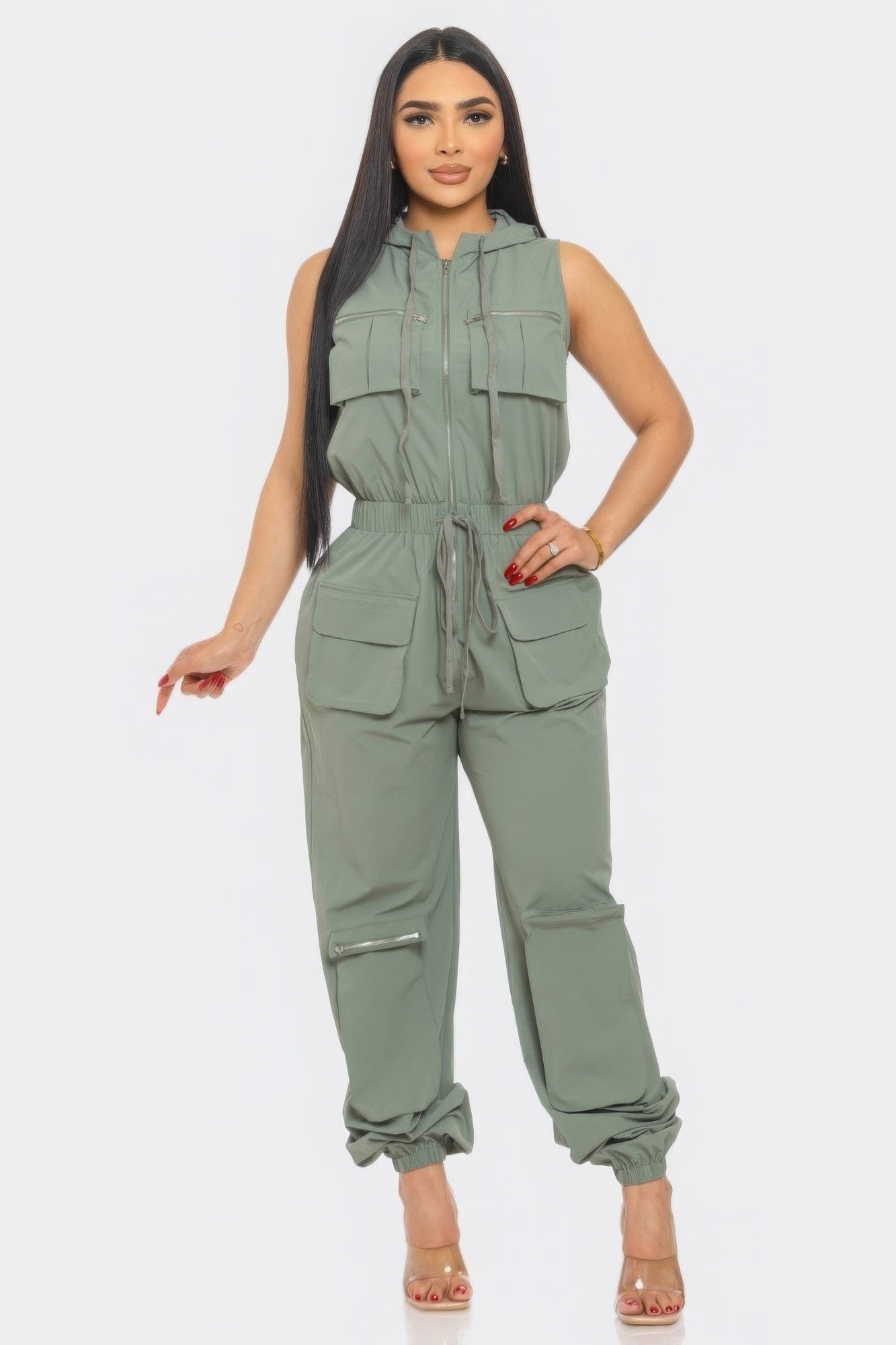 Toshe Women's Fashions cargo jumpsuit with multiple pockets, relaxed fit, and adjustable waist, made from lightweight fabric.