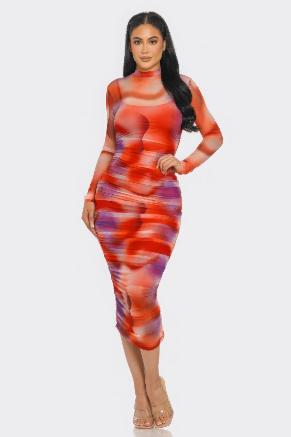 Wave print mesh ruched midi dress by Toshe Women's Fashions, featuring a fitted silhouette, wave pattern, and ruched detailing.