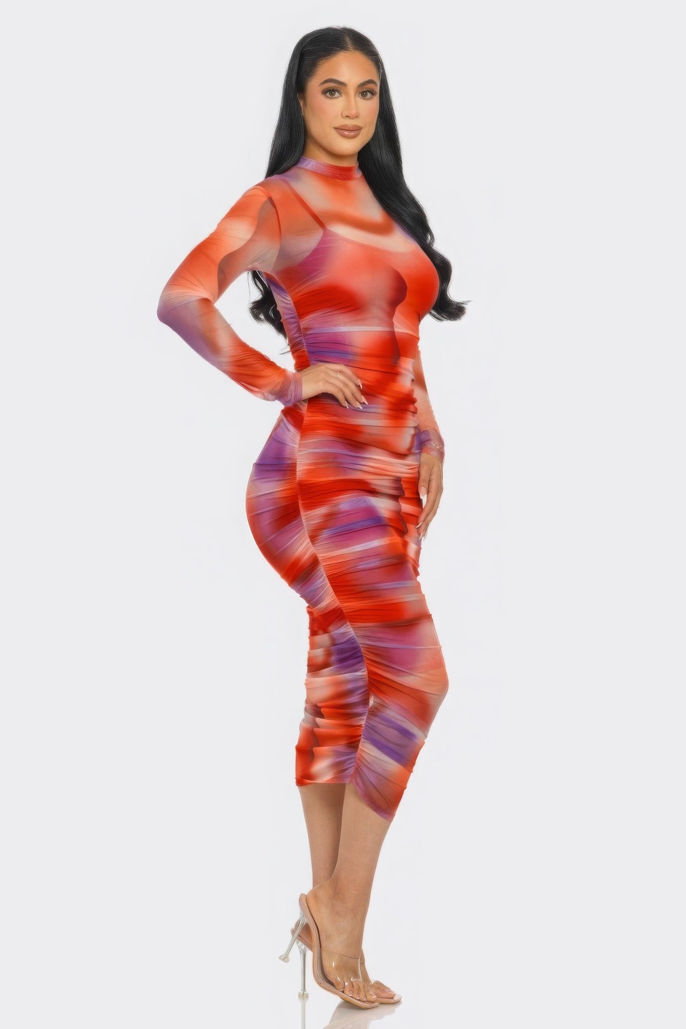 Wave print mesh ruched midi dress by Toshe Women's Fashions, featuring a fitted silhouette with ruffled details and a stylish wave pattern.