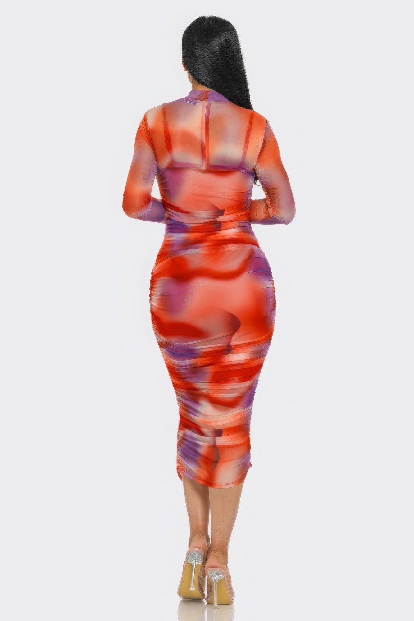 Wave print mesh ruched midi dress by Toshe Women's Fashions featuring a fitted silhouette and stylish wave patterns.