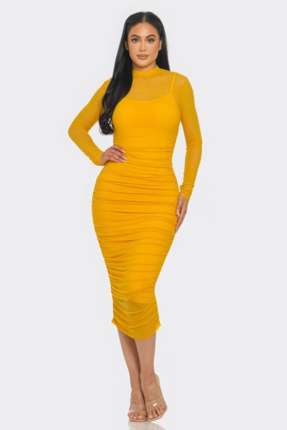 Mesh ruched midi dress by Toshe Women's Fashions, featuring a fitted silhouette and stylish ruching detail.