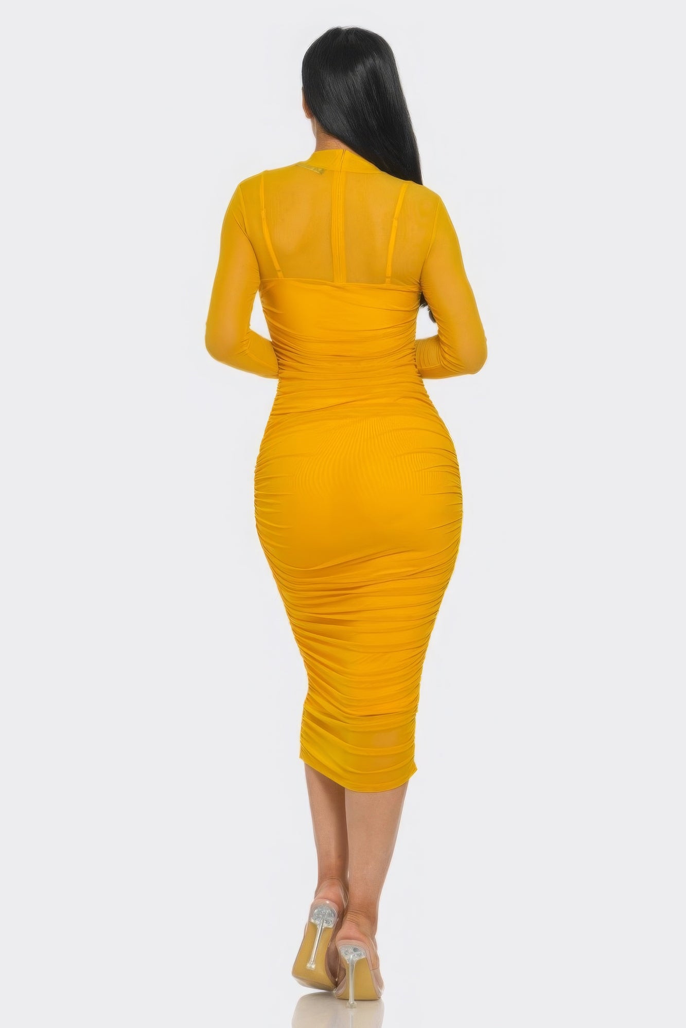 Mesh ruched midi dress by Toshe Women's Fashions, featuring a fitted silhouette and stylish ruching detail.