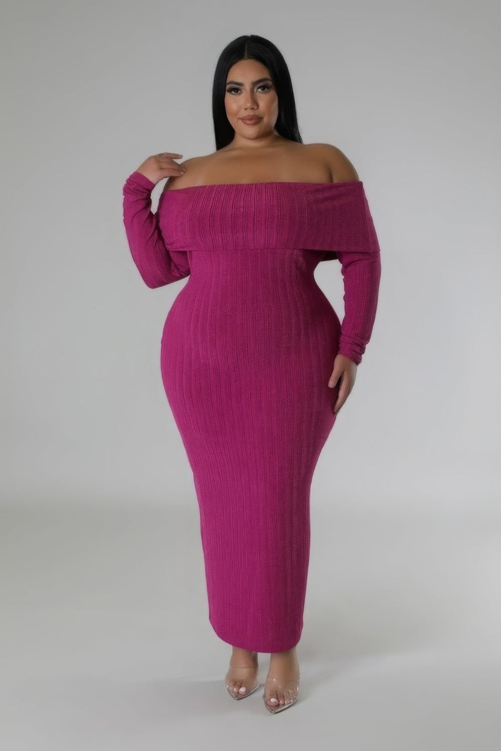 Off-shoulder stretch maxi dress by Toshe Women's Fashions, flowing design with fitted bodice and elegant shoulder cutouts.