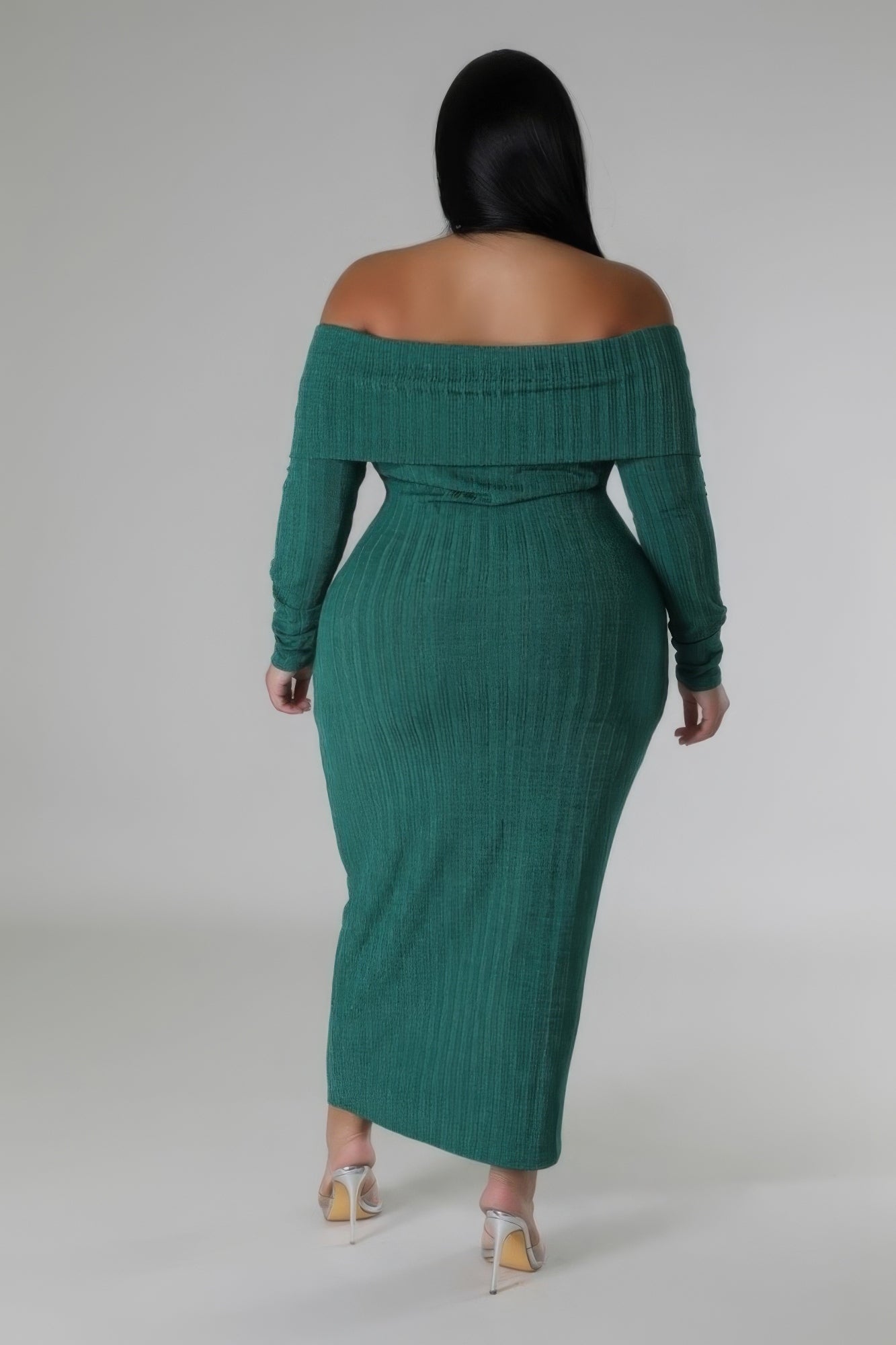 Off-shoulder stretch maxi dress by Toshe Women's Fashions, flowing fabric, fitted waist, and elegant design.