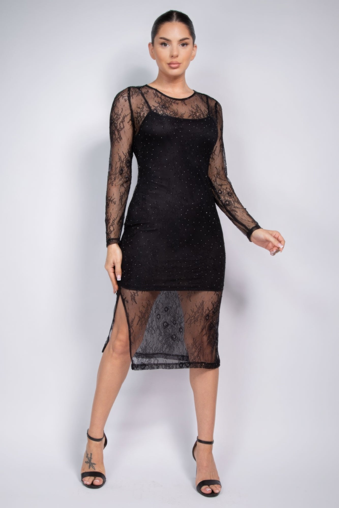 Lace rhinestone studded slit midi dress in black from Toshe Women's Fashions, featuring intricate lace details and a stylish slit.