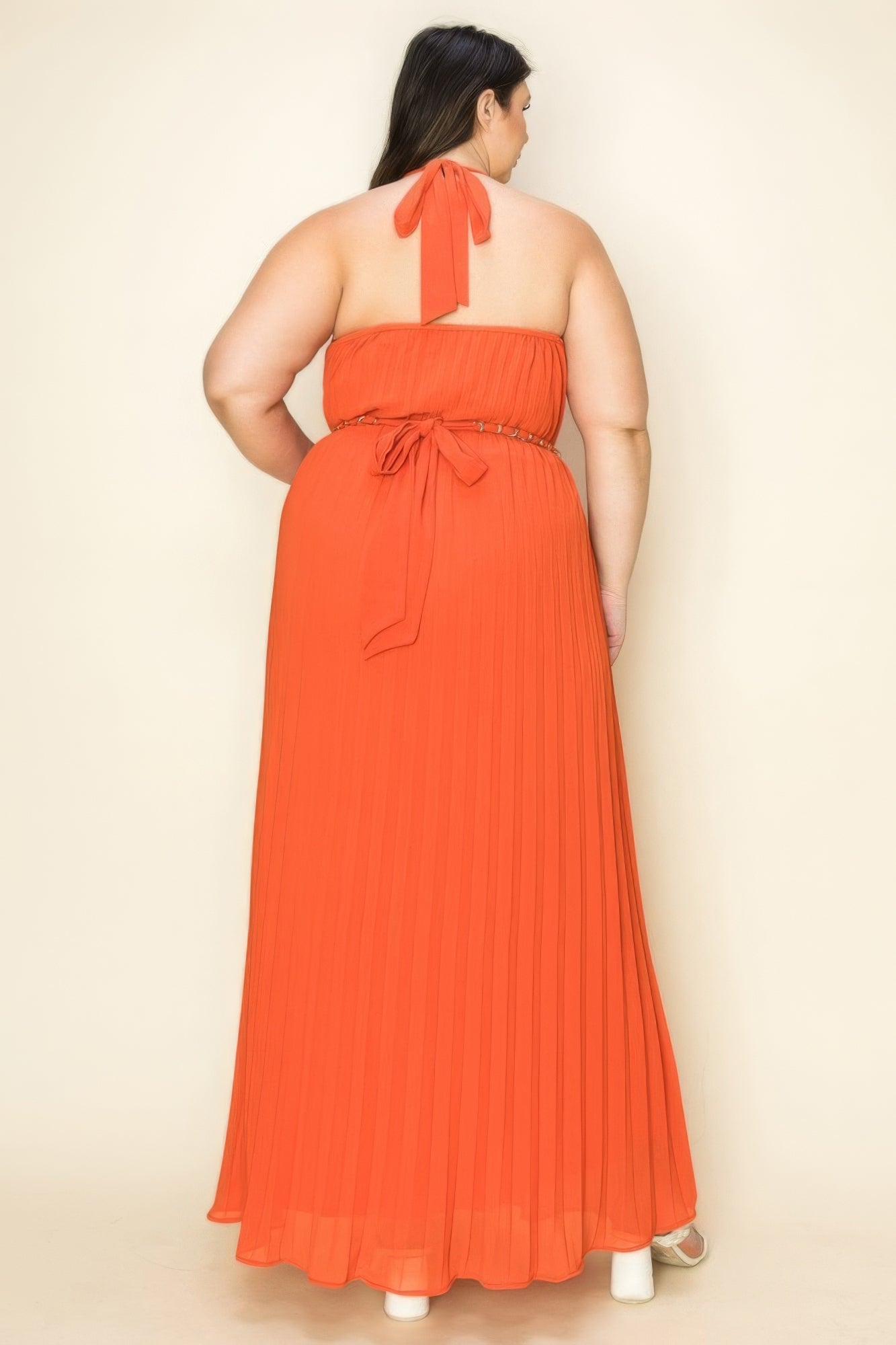 Chiffon pleated maxi dress with gold trim neck and belt, elegant women's fashion from Toshe Women's Fashions.