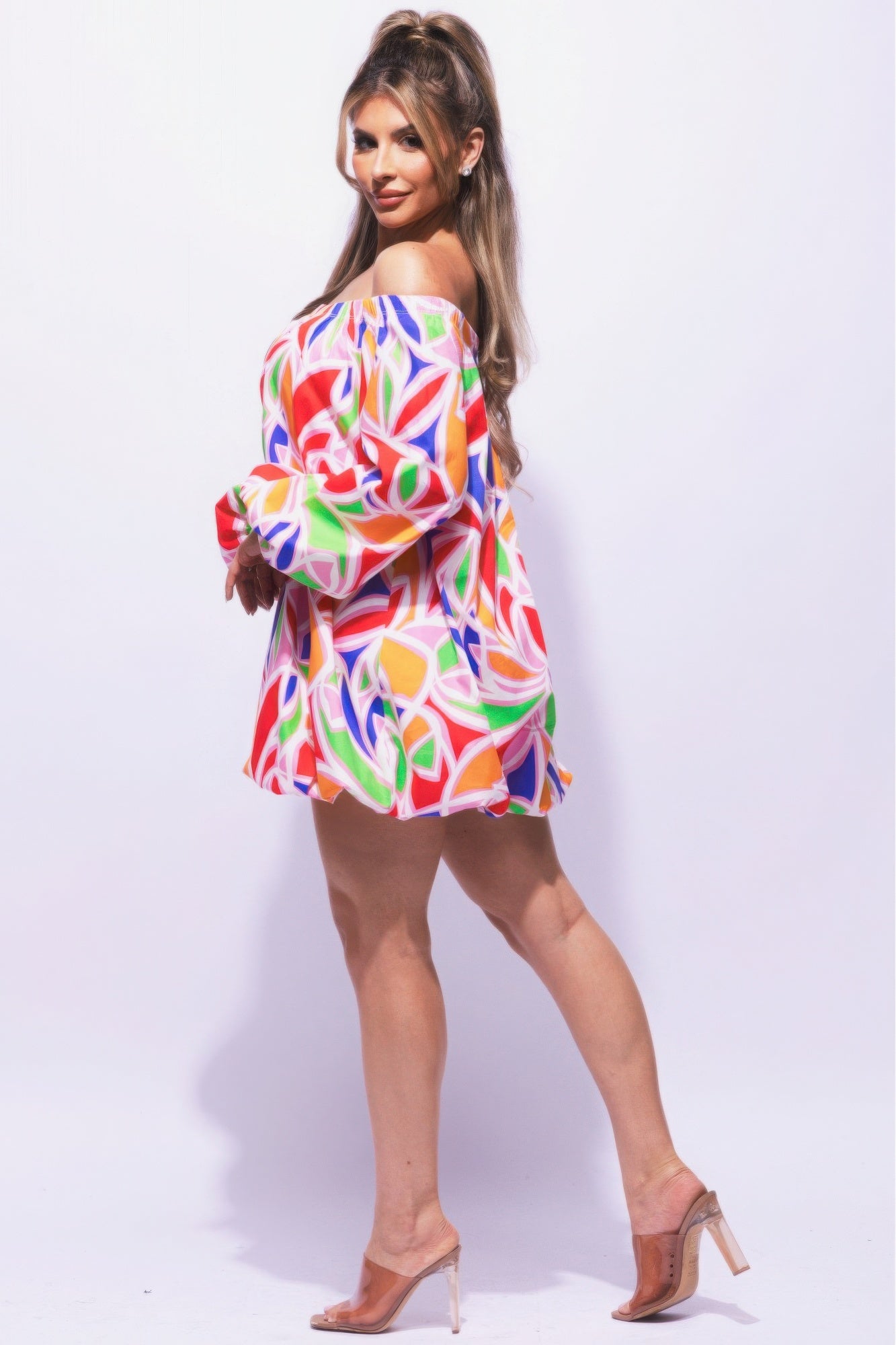 Off shoulder bubble dress by Toshe Women's Fashions, featuring a stylish design with puffed sleeves and a fitted bodice.