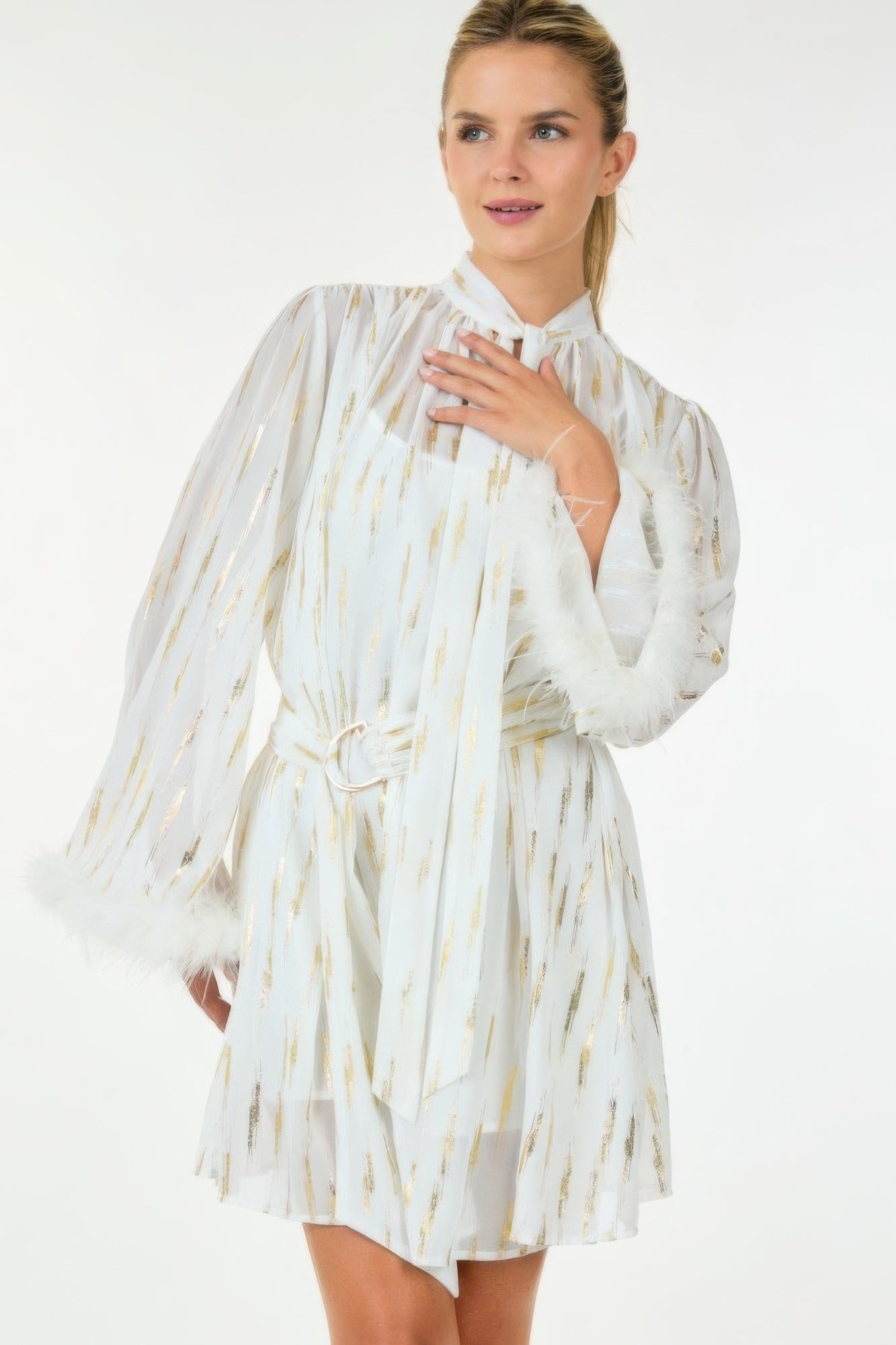 Metallic sheer mini dress by Toshe Women's Fashions, fitted style with shiny, semi-transparent fabric perfect for evening wear.