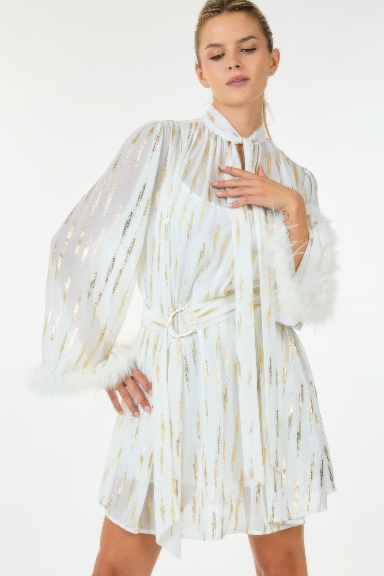 Metallic sheer mini dress from Toshe Women's Fashions, featuring a shimmering, lightweight fabric and stylish fit.