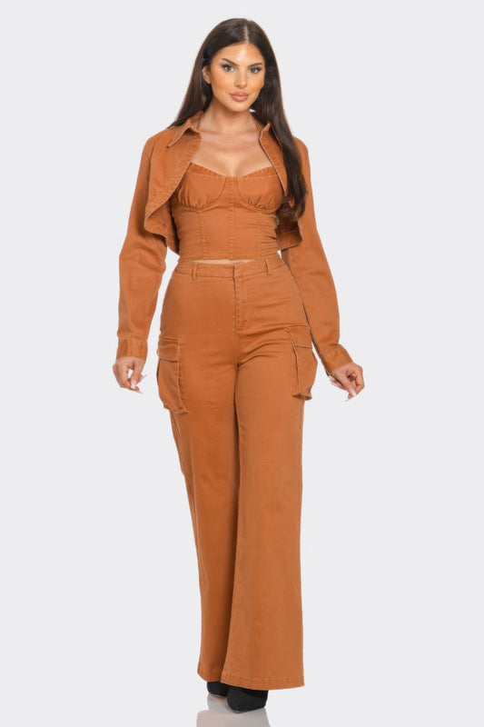 Three-piece scallop crop jacket and pant set by Toshe Women's Fashions, featuring scalloped edges and stylish design.