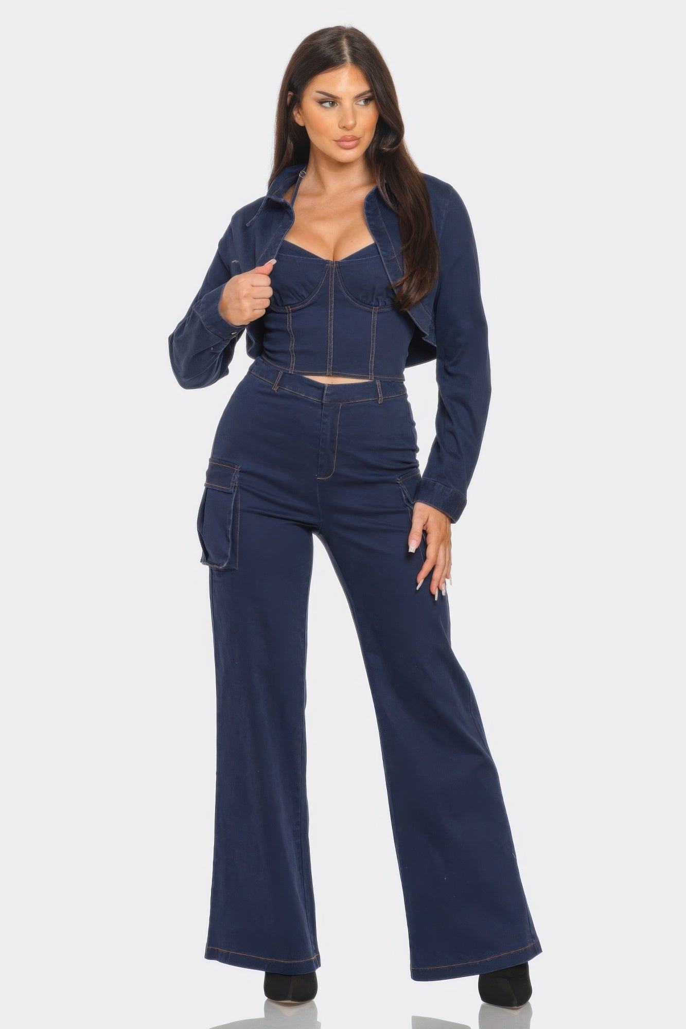 Toshe Women's Fashions scallop crop jacket and pant 3-piece set, featuring scalloped edges and stylish design.