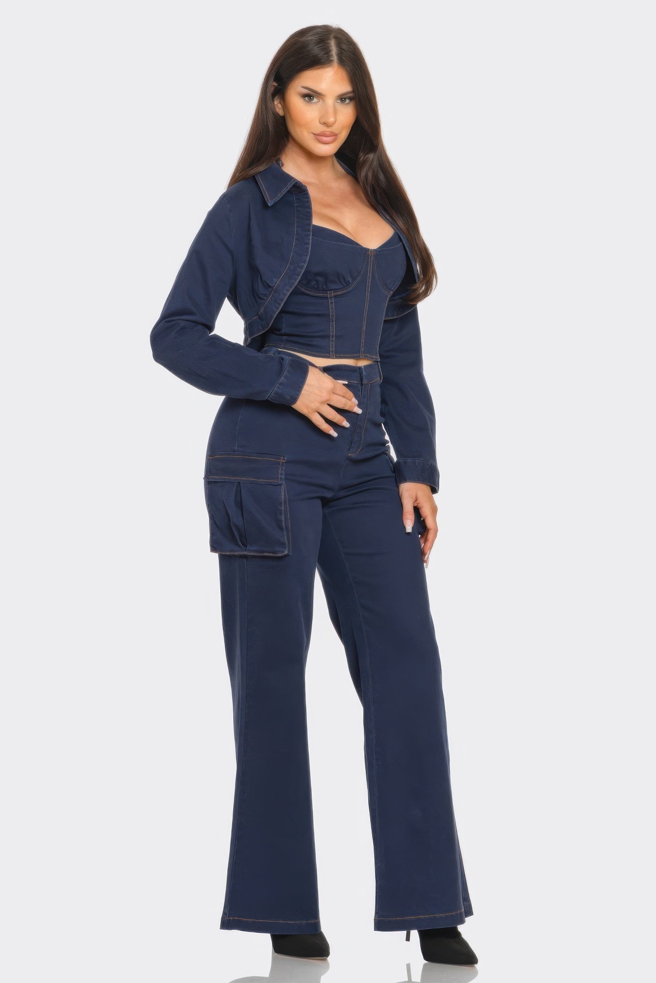 Toshe Women's Fashions scallop crop jacket and pants 3-piece set, featuring stylish scalloped edges and coordinated design.