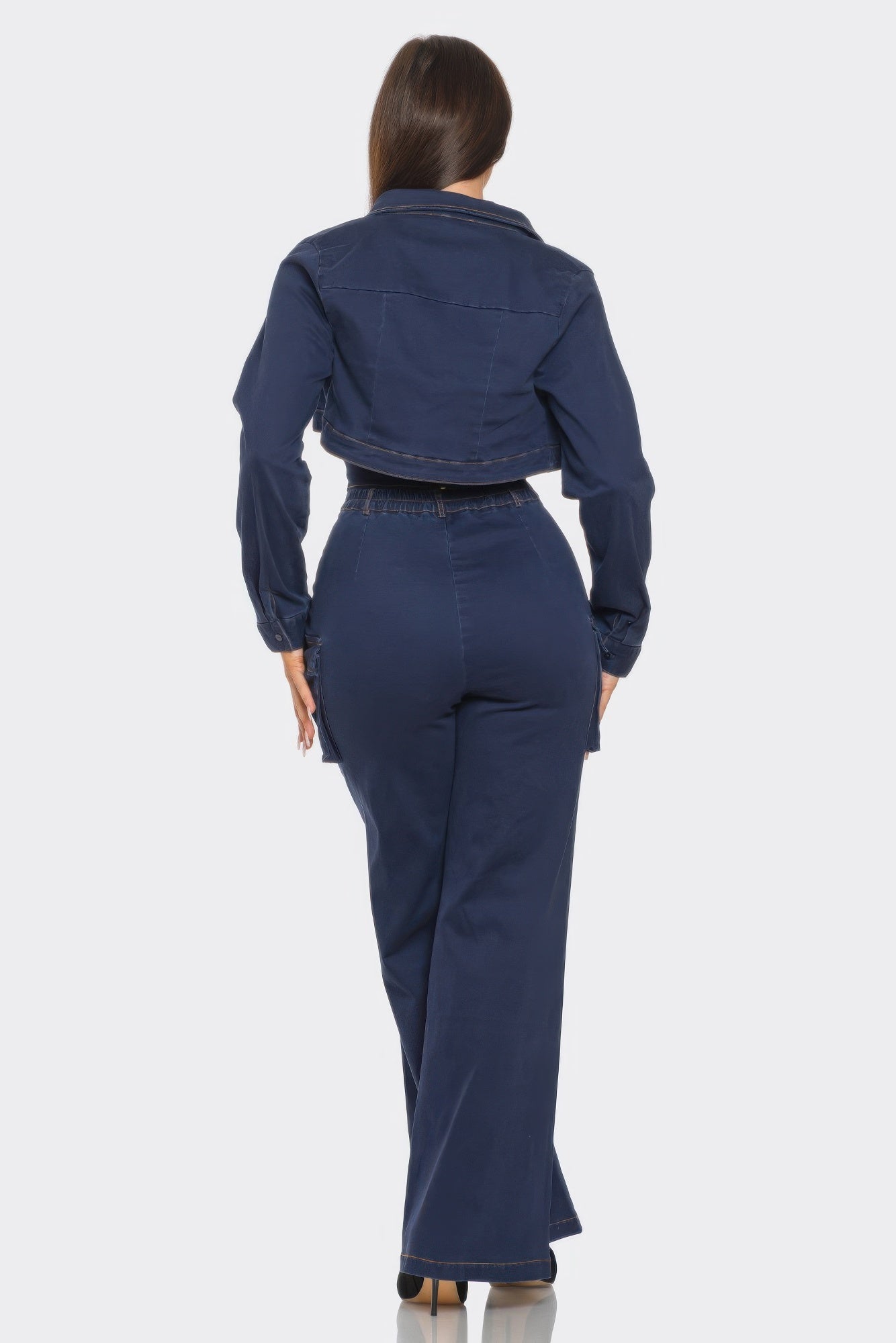 Toshe Women's Fashions scallop crop jacket and matching pants 3-piece set, shown in stylish light blue, with scallop details and tailored fit.
