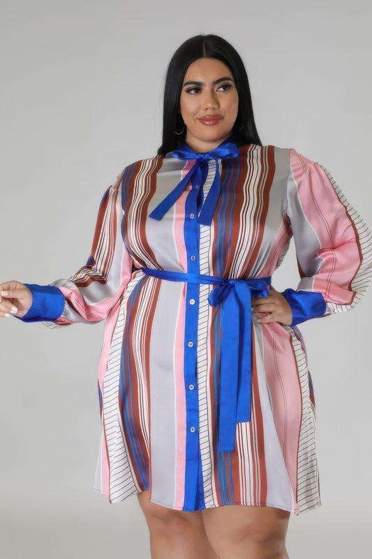 Toshe Women's Fashions bow tie neck stripe belted dress with long sleeves and a fitted silhouette.