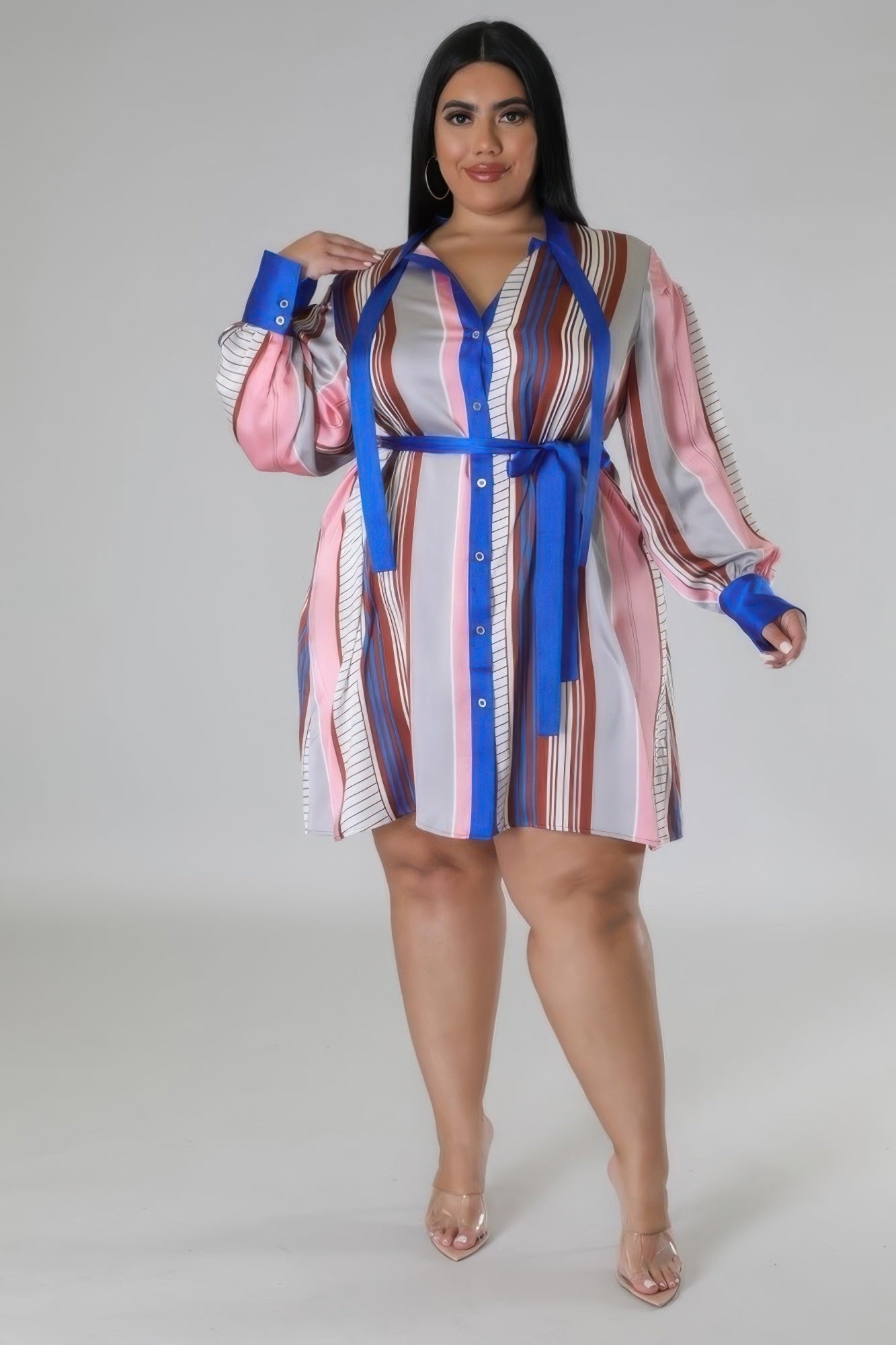 Toshe Women's Fashions striped bow tie neck belted dress with long sleeves and a fitted silhouette.