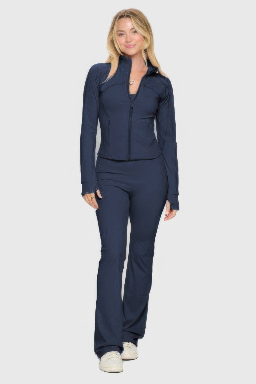 Toshe Women's Fashions fitted zipper jacket and pants set, stylish casual outfit with zip-up jacket and matching pants.