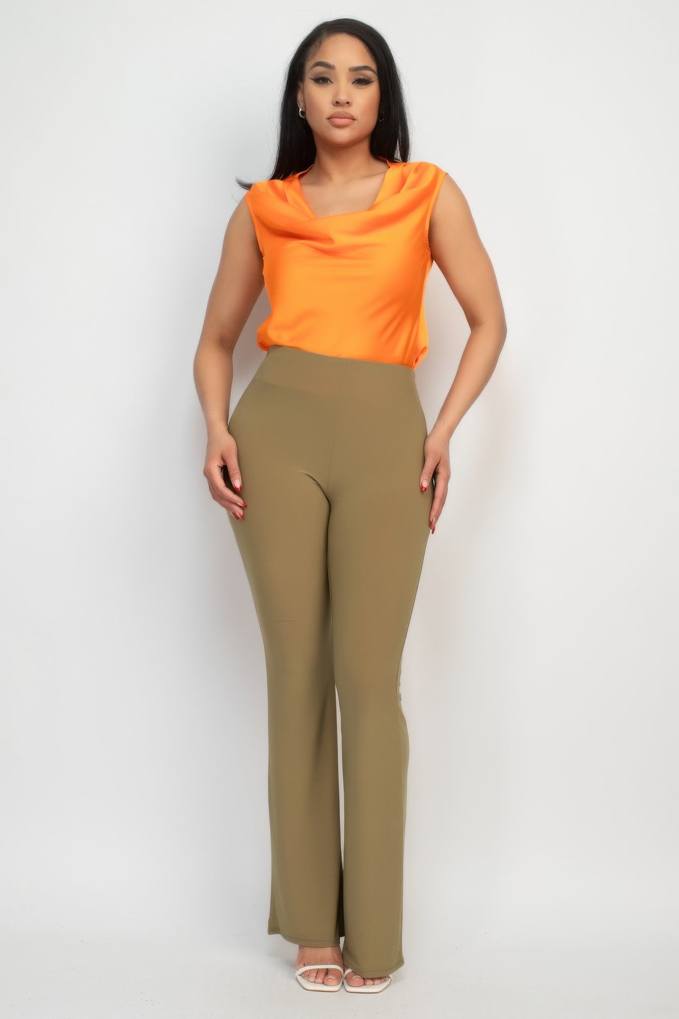Toshe Women's Fit and Flare Elastic Casual Pants in black, showing the high waist and flowing fit on a model.