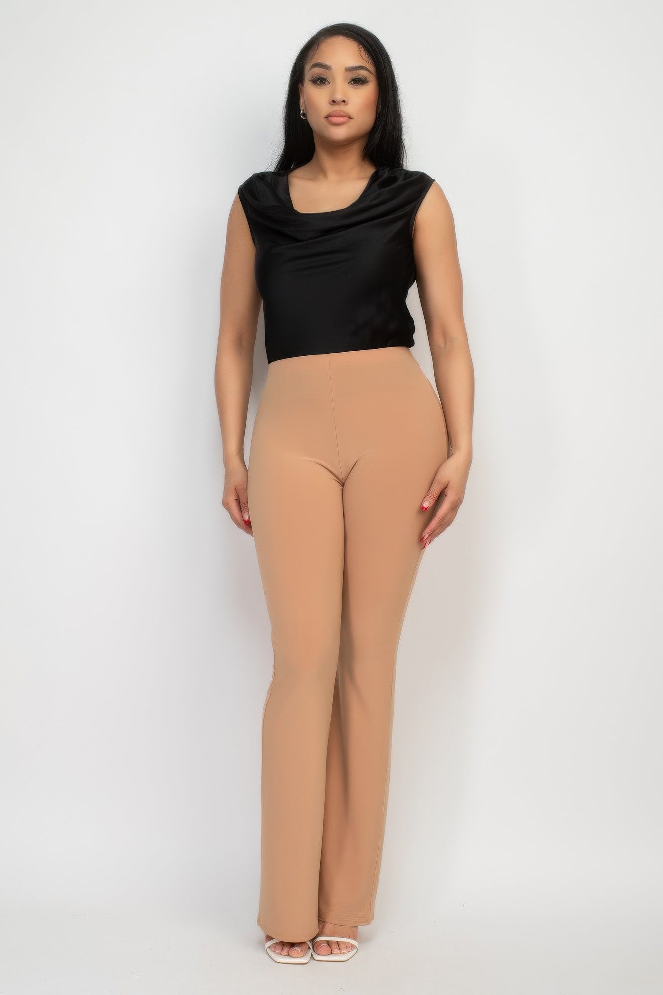 Toshe Women's Fashions fit and flare elastic casual pants in a neutral color, showcasing a comfortable waist and relaxed fit.