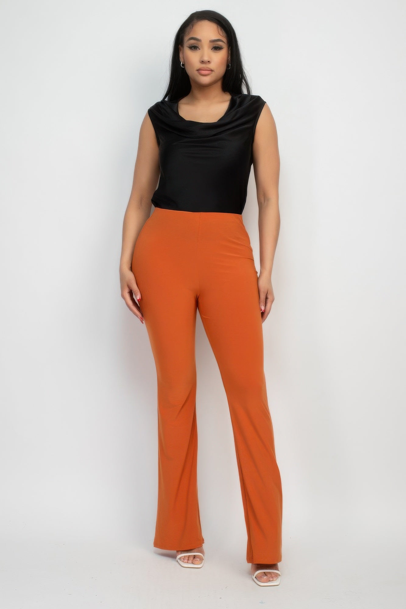 Toshe Women's Fashions fit and flare elastic casual pants, showing a stylish black pair with comfortable stretch fabric.