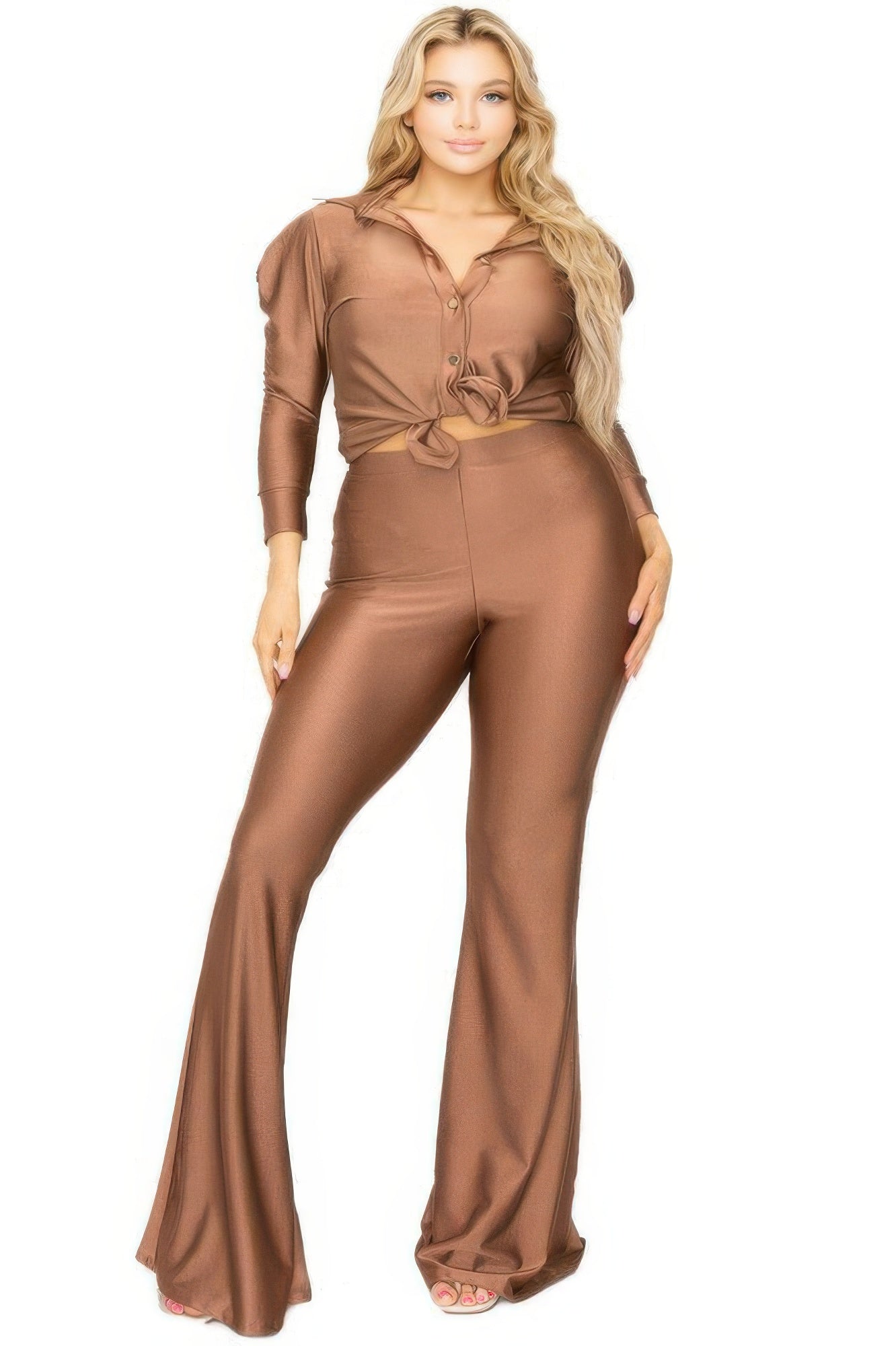 Satin 3/4 sleeve wide-leg pants set by Toshe Women's Fashions, featuring a stylish matching top and flowing trousers.