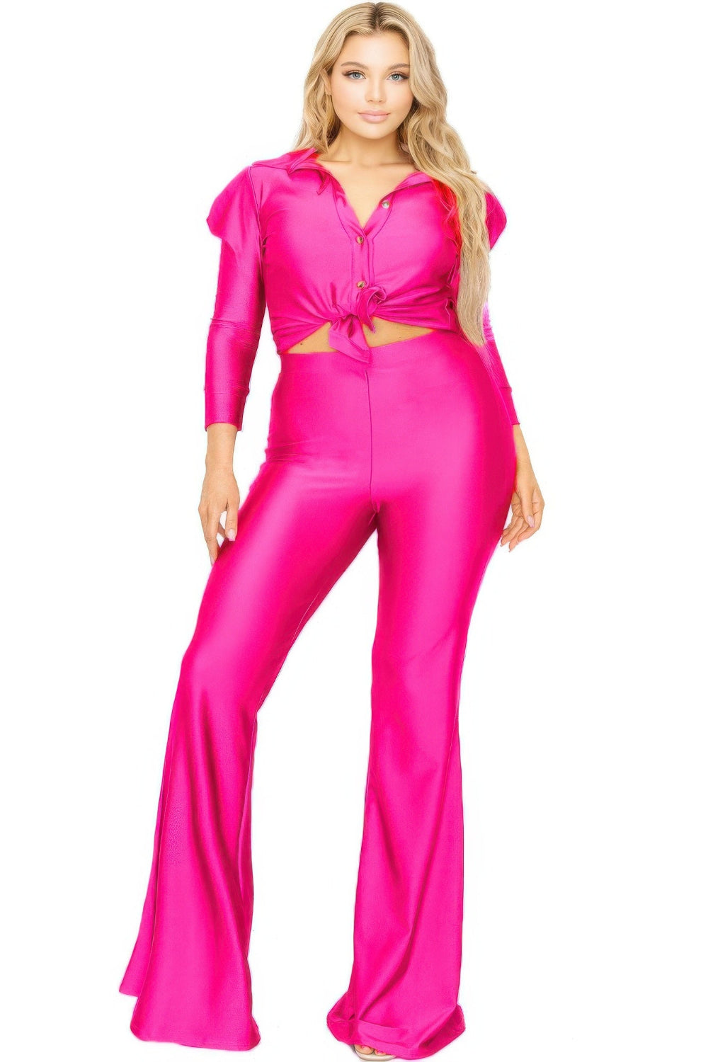 Satin 3/4 sleeve wide-leg pants set by Toshe Women's Fashions featuring a stylish, smooth fabric and relaxed fit.