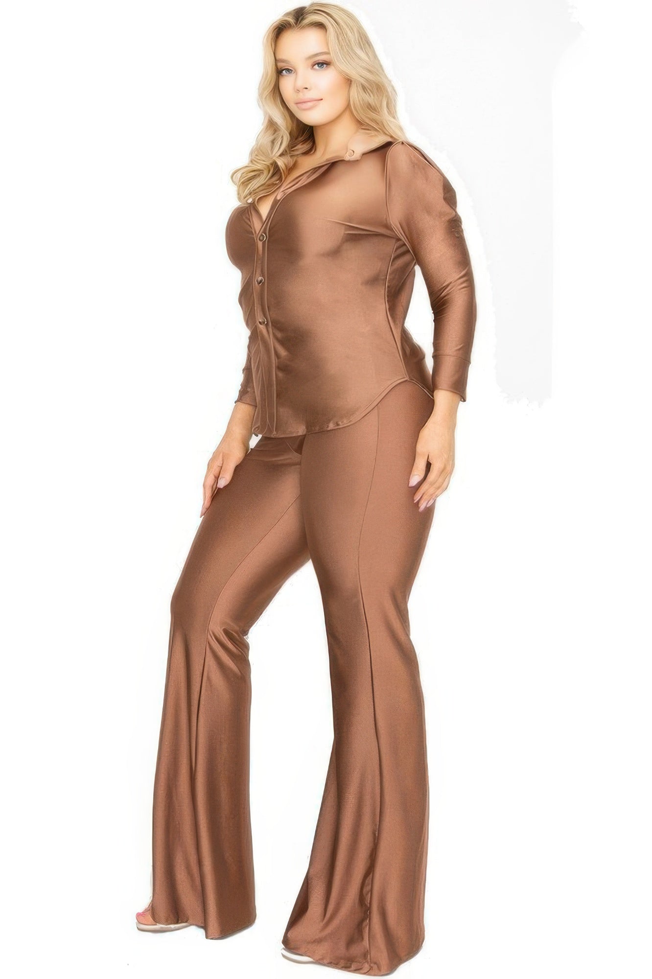 Satin 3/4 sleeve wide-leg pants set by Toshe Women's Fashions, featuring a stylish matching top and flowy pants in a smooth satin fabric.