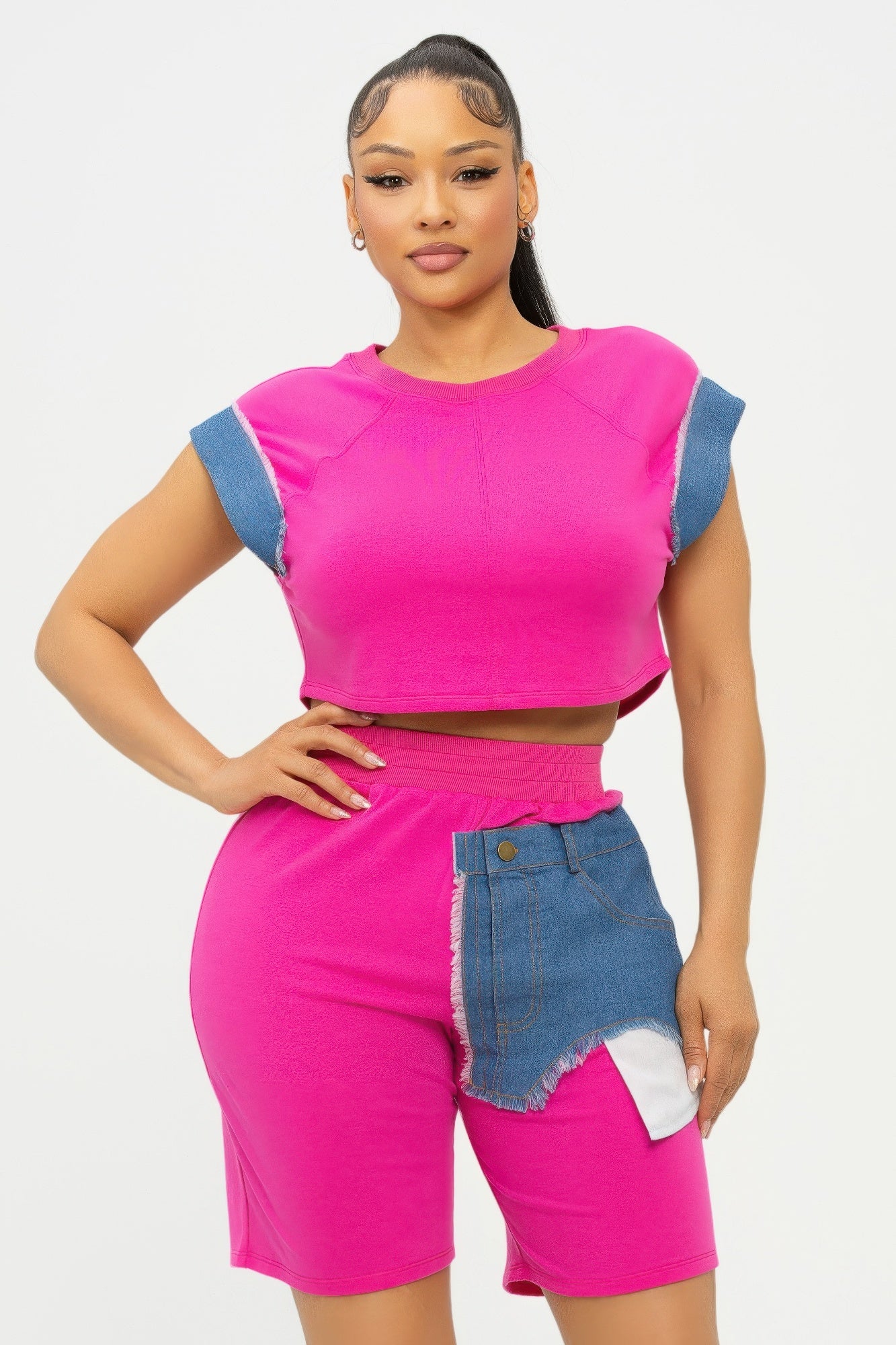 Color block denim sleeve crop top and biker shorts set by Toshe Women's Fashions, featuring vibrant denim accents and casual style.