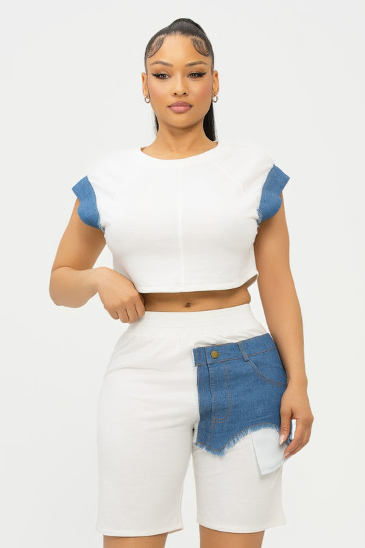 Color block denim sleeve crop top and biker shorts set by Toshe Women's Fashions, featuring bold color blocking and casual style.