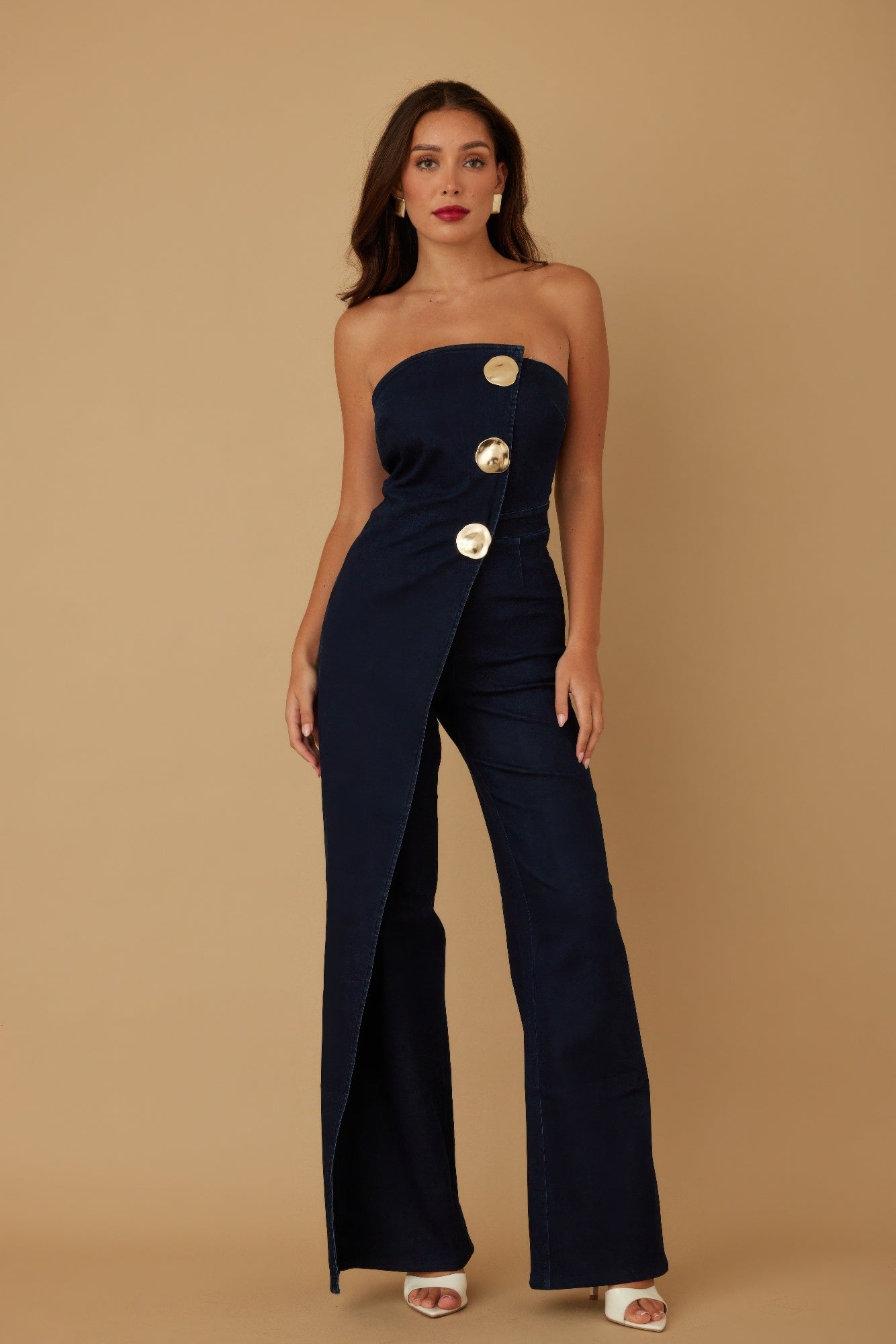 Toshe Women's Fashions strapless jumpsuit with open flap layer, fitted bodice, and wide-leg pants in black fabric.