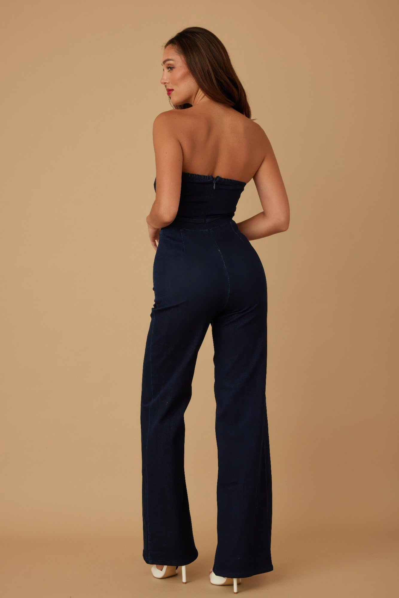 Toshe Women's Fashions open flap layer strapless jumpsuit, featuring a stylish design with a fitted bodice and layered fabric details.