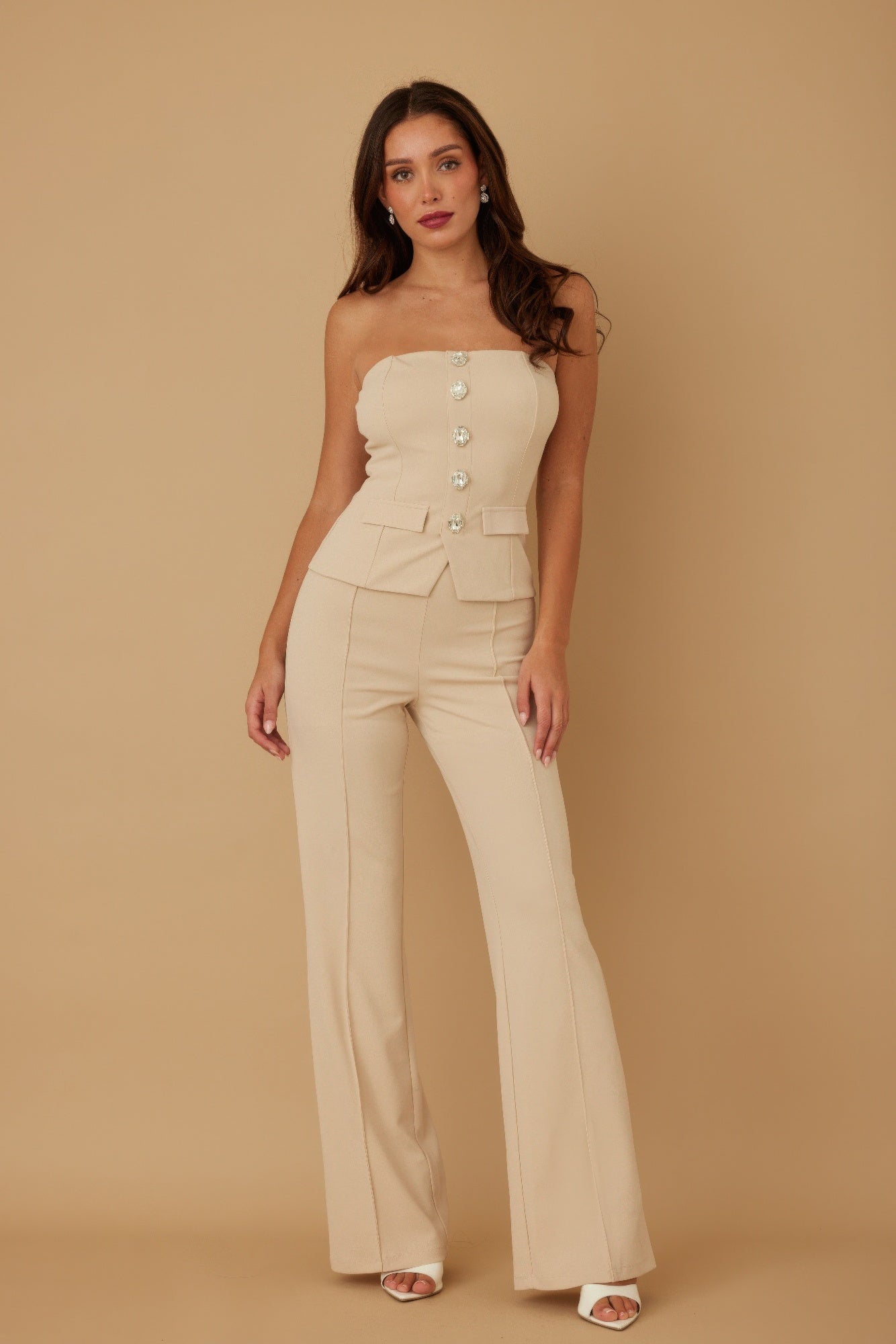 Buttoned tube top with oval crystal stones and matching pants set from Toshe Women's Fashions, shown in the image.