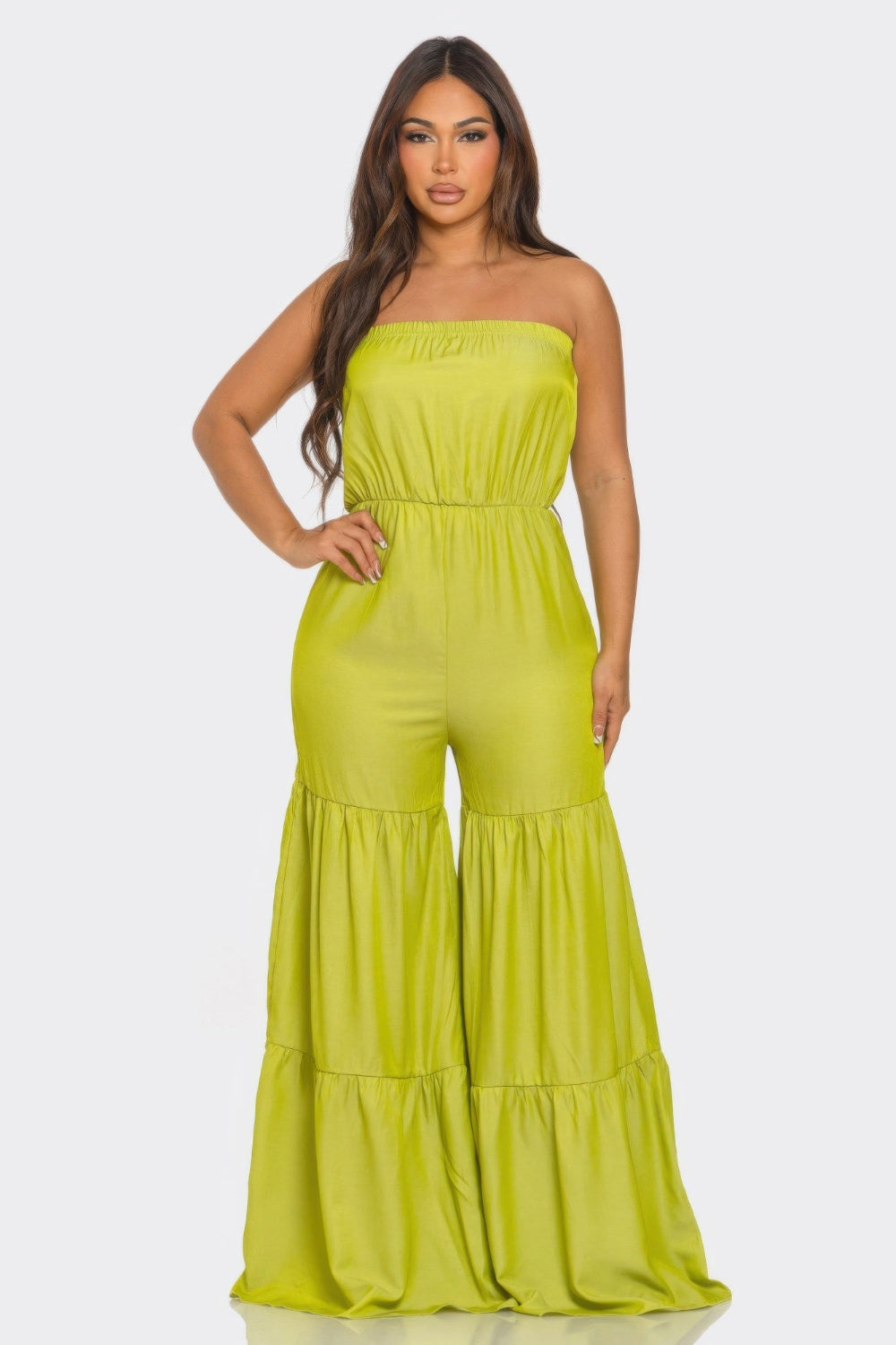 Toshe Women's Fashions jumpsuit with ruffle hem, featuring a stylish, flowy design and sleeveless top, perfect for casual wear.