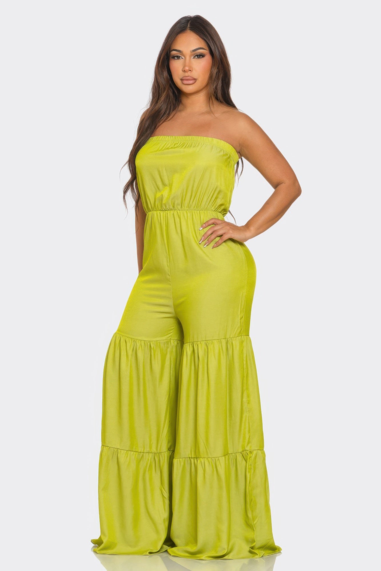 Toshe Women's Fashions ruffle hem jumpsuit featuring a stylish, flowing design and a flattering fit for casual or dressy occasions.
