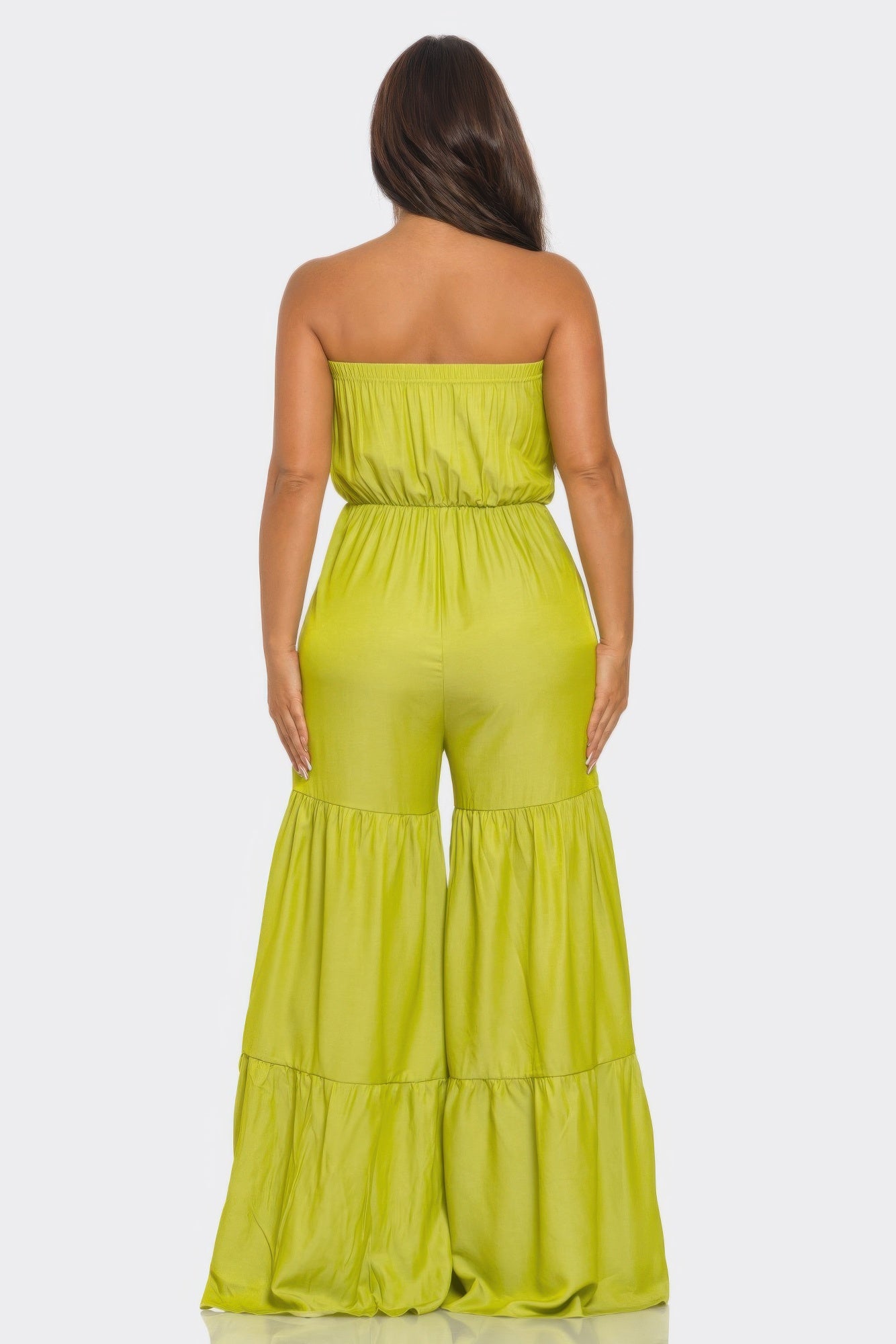Toshe Women's Fashions ruffle hem jumpsuit featuring a stylish fit and flowy design, shown in a neutral color.