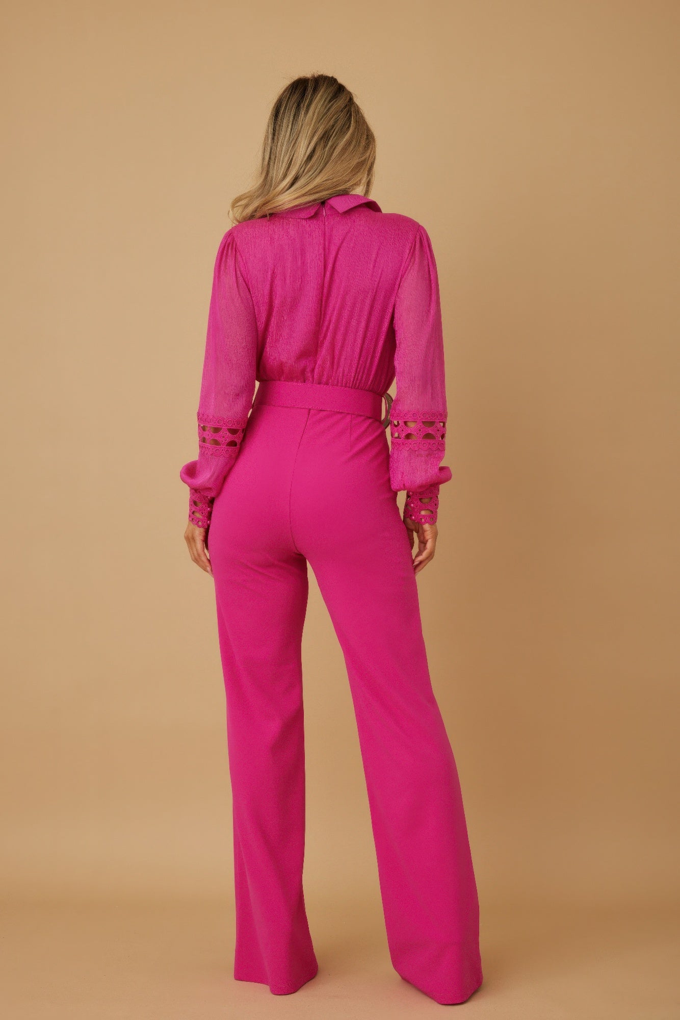 Crochet detailed woven top and fashion jumpsuit by Toshe Women's Fashions, featuring intricate crochet patterns and stylish design.